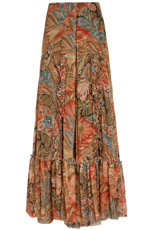 Paisley Ruffled Silk Maxi Skirt