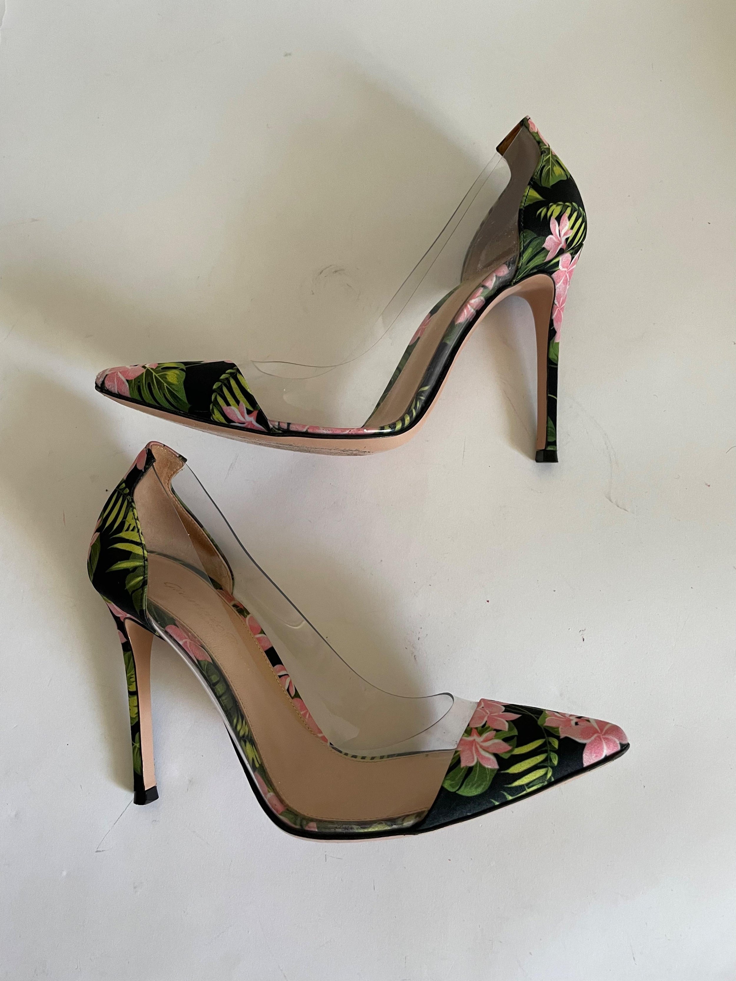 floral satin & PVC Plexi heeled pumps