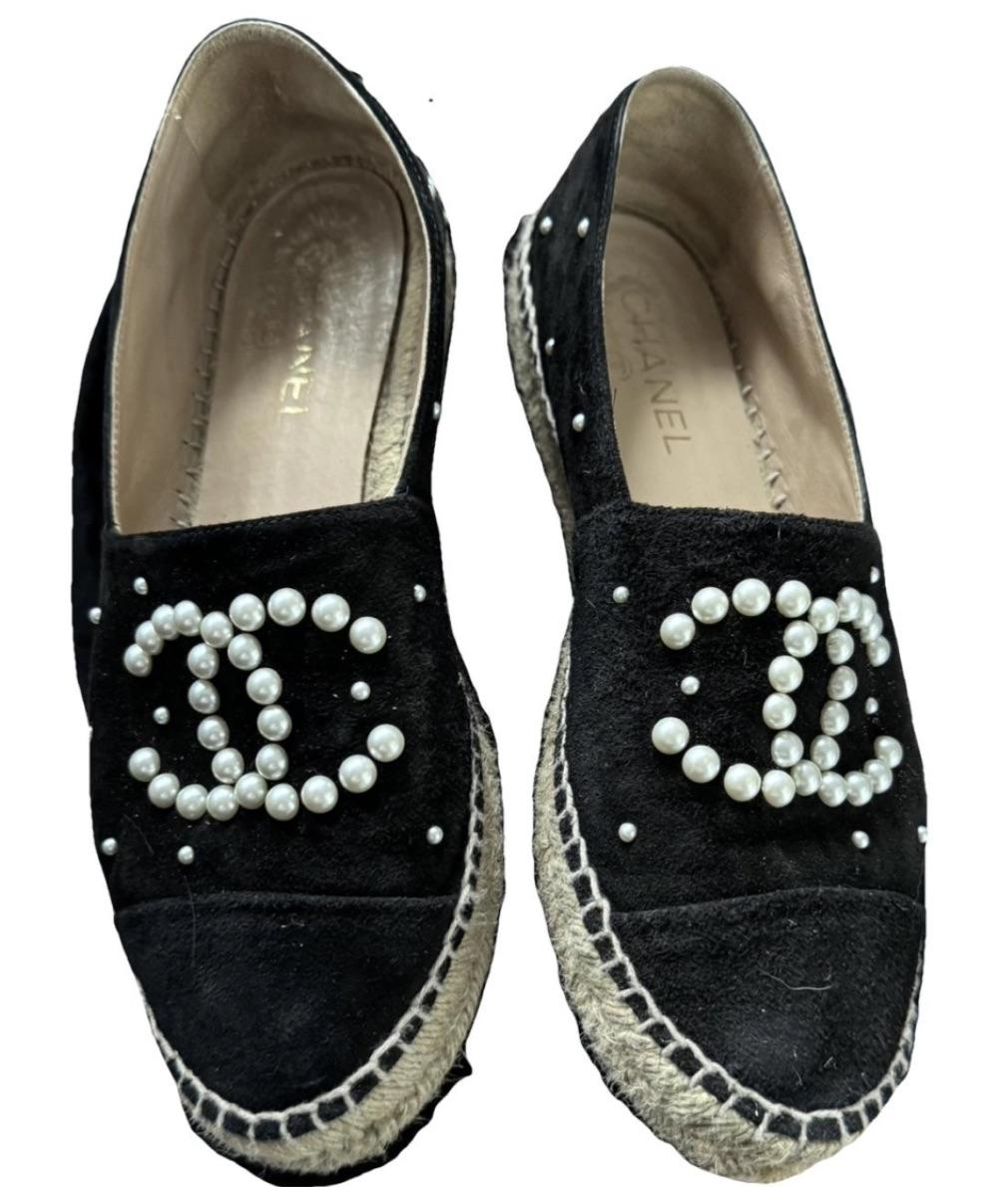 Chanel Black Suede Pearl Embellished Espadrilles