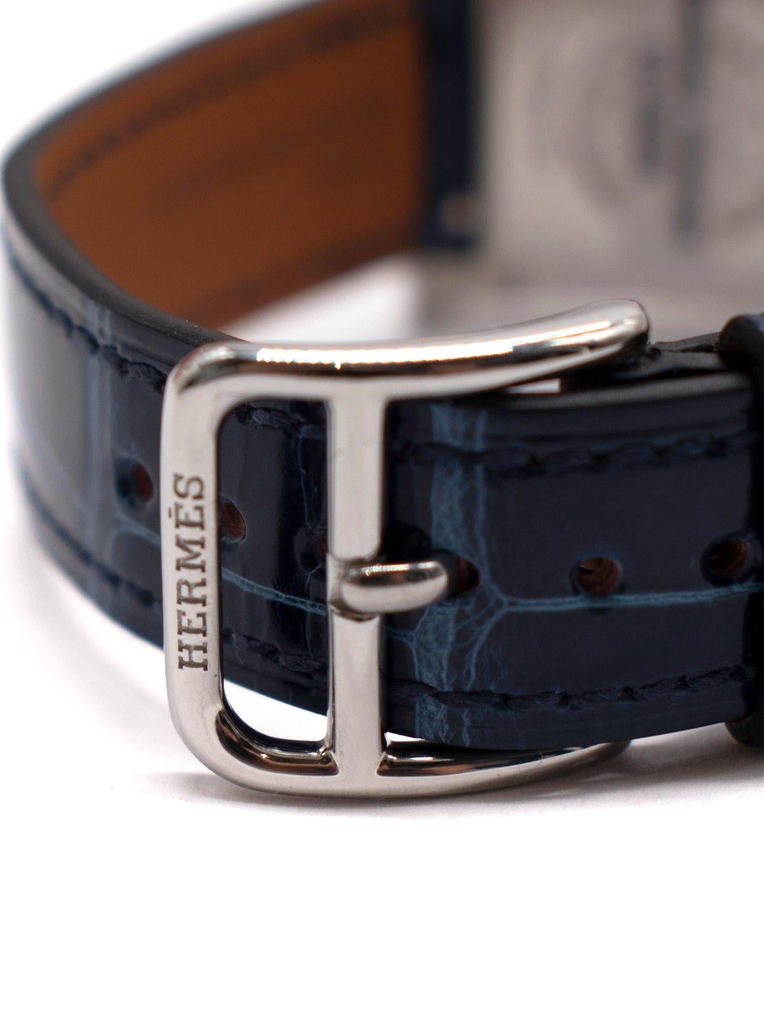 Hermes Navy Alligator Diamond Heure H 21mm Watch With Palladium Hardware