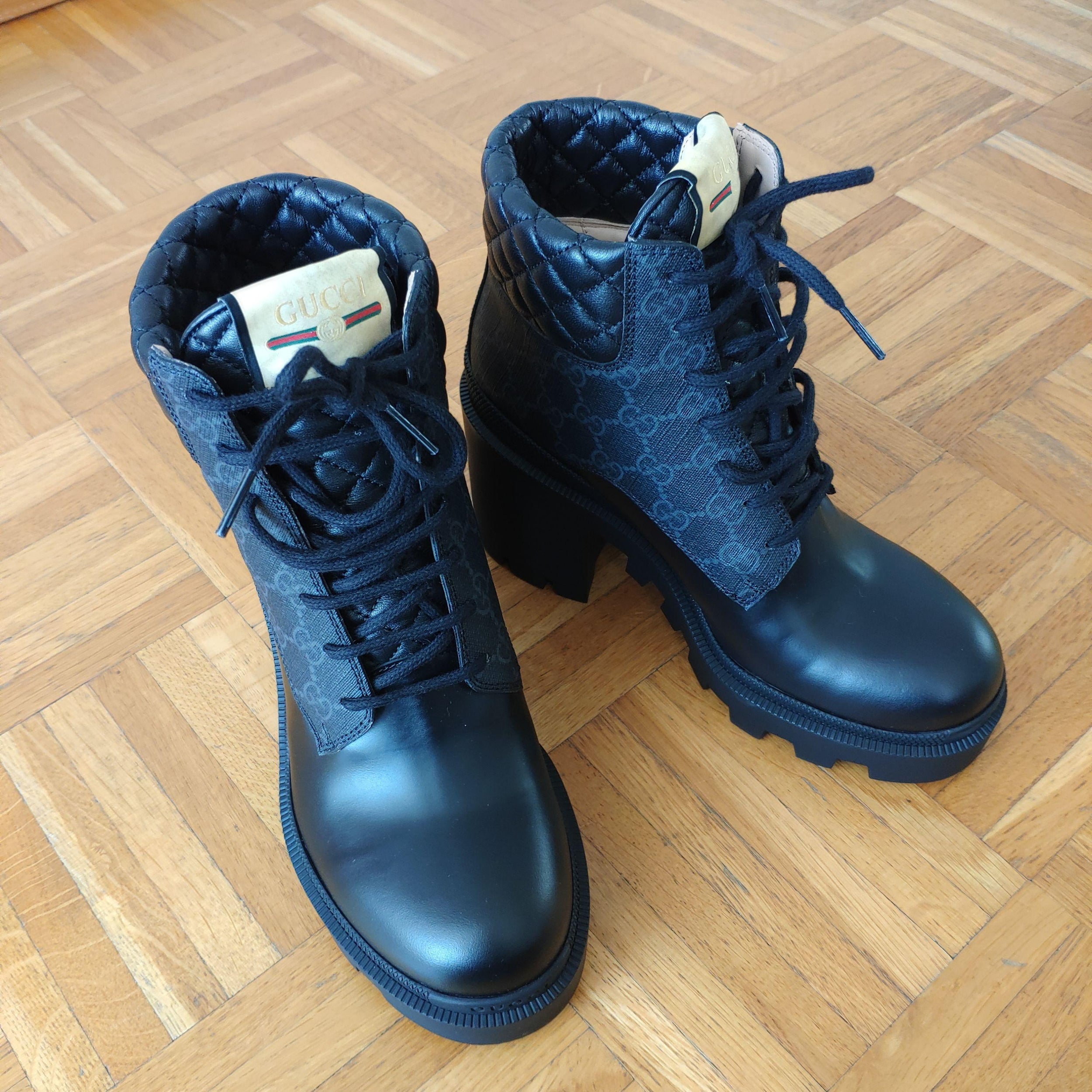Gucci Black Monogram Leather and Canvas Biker Boots