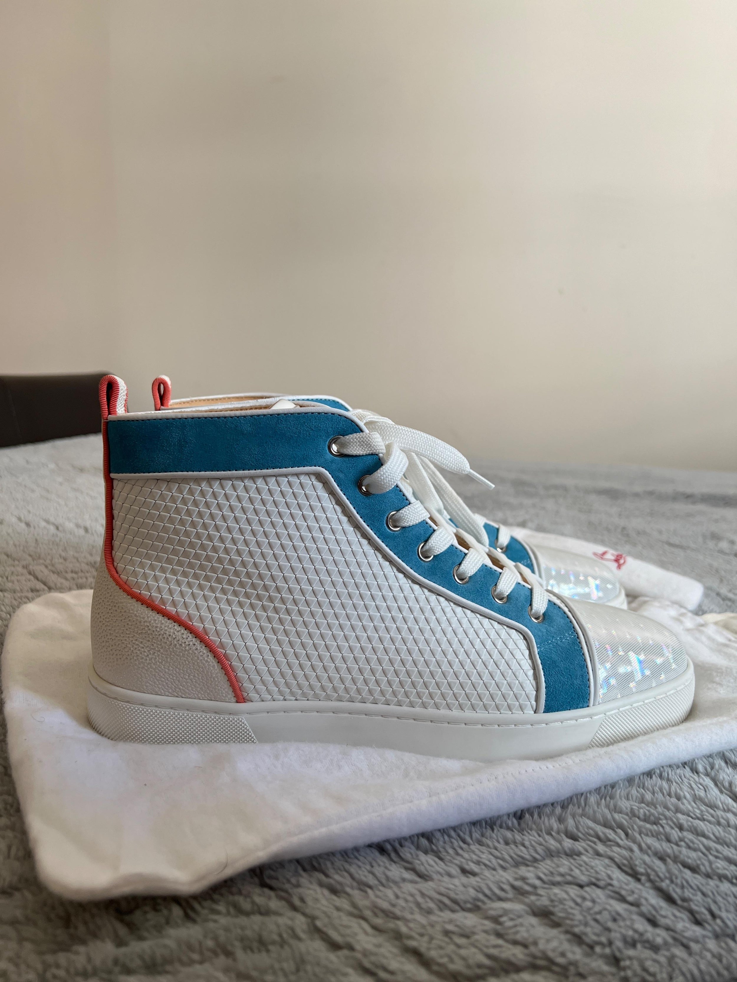 White & Blue Orlato Flat High Tops