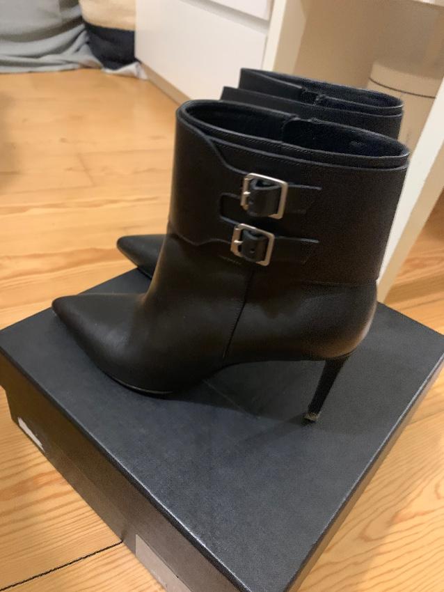Saint Laurent Black Leather Wrap Buckle Ankle Boots