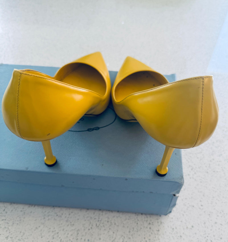 Prada Yellow Leather Heeled Pumps