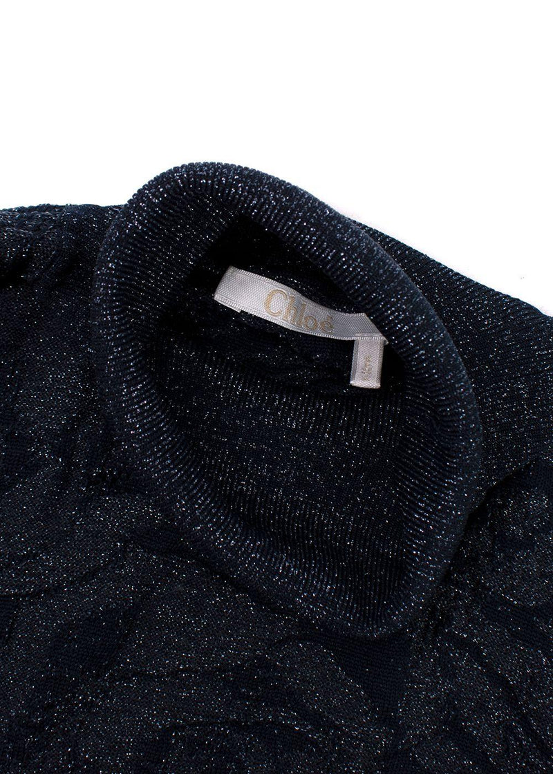 Chloe Navy Metallic Jacquard Knit Turtleneck Sweater
