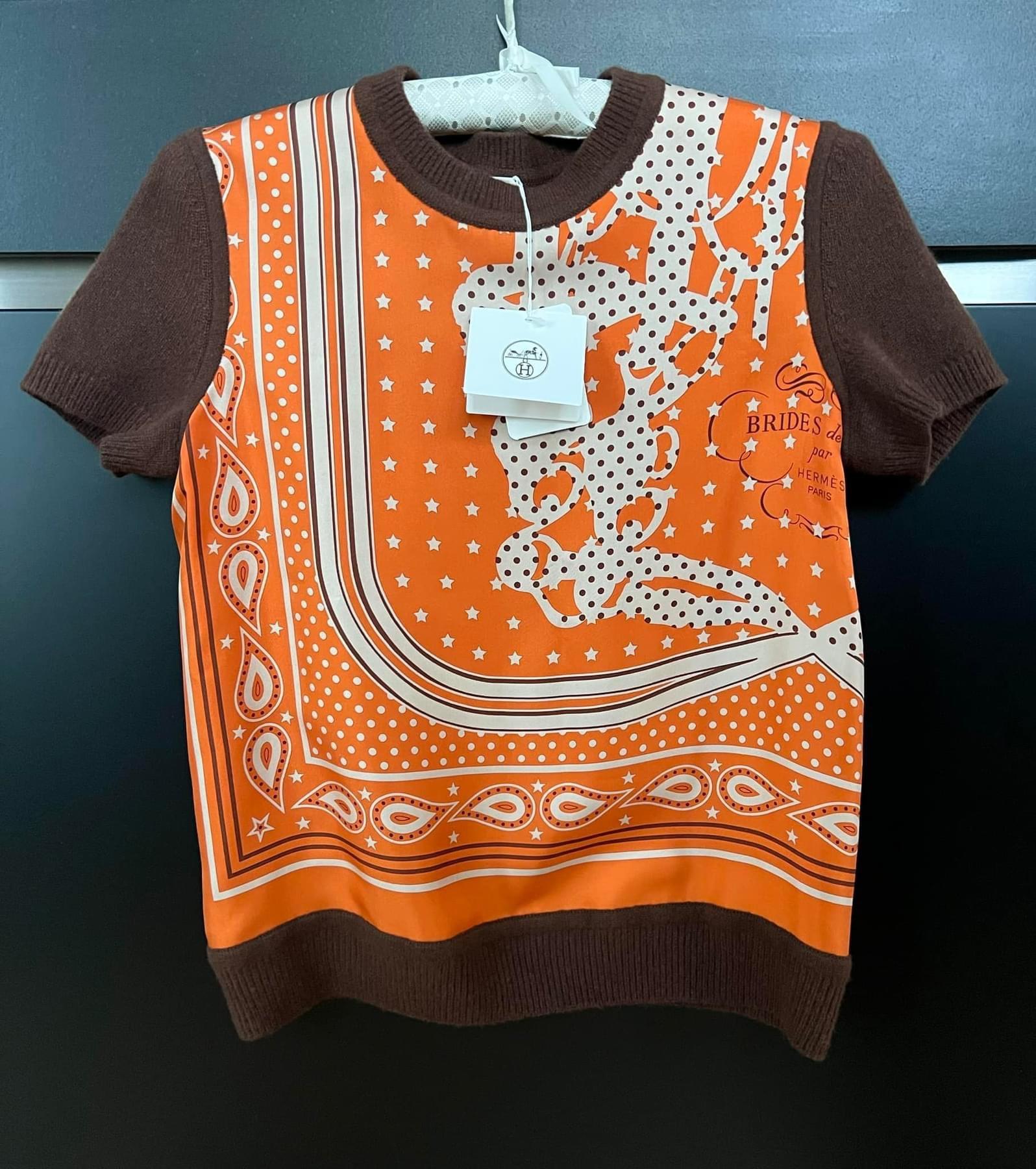 Hermes Orange and Brown Silk Blend Short Sleeve Twillaine Top