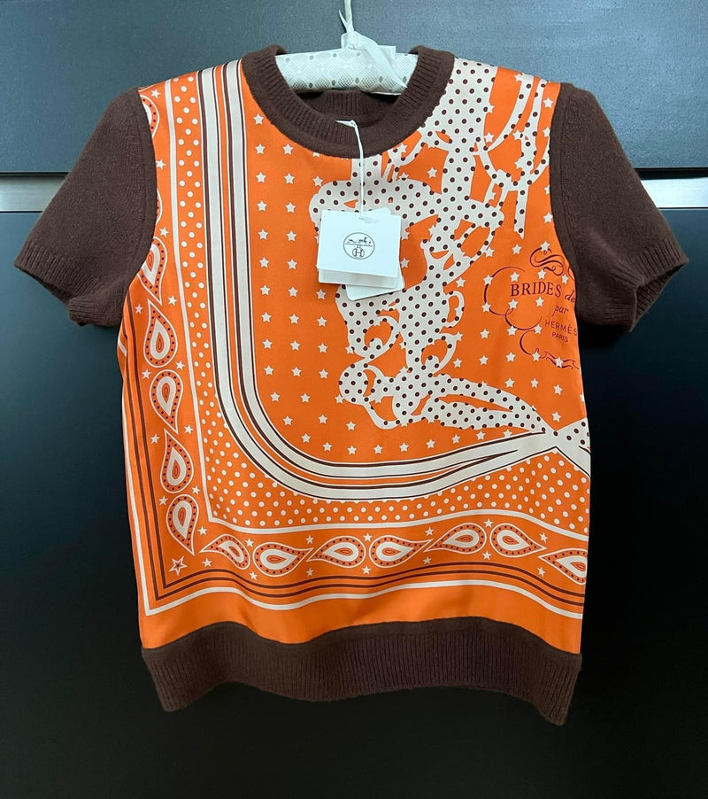 Hermes Orange and Brown Silk Blend Short Sleeve Twillaine Top