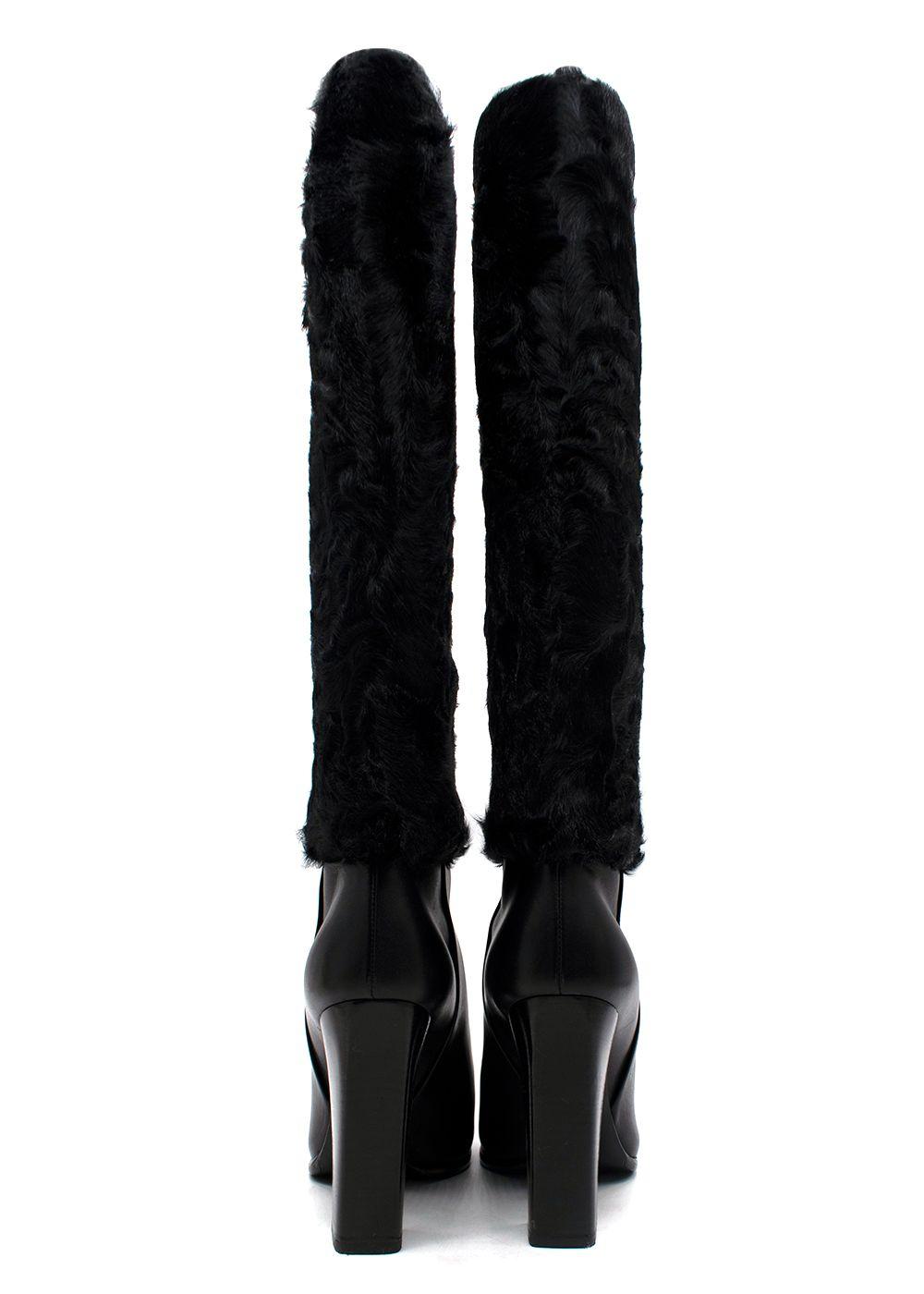Dior Black Knee High Leather Boots with Fur Detail