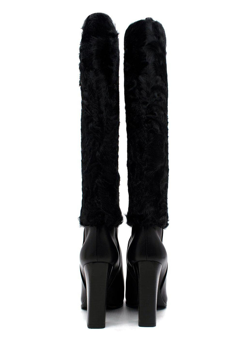 Dior Black Knee High Leather Boots with Fur Detail