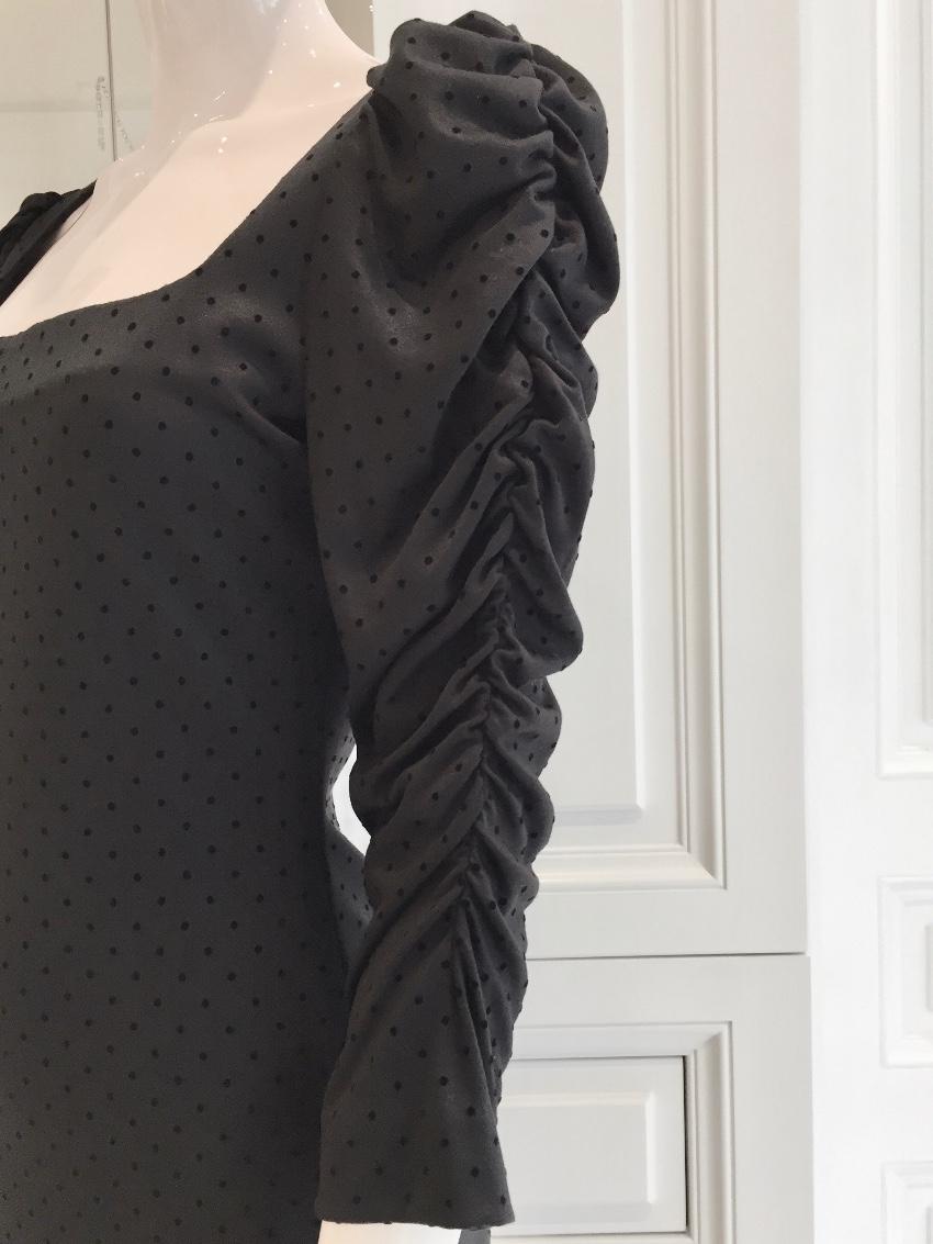 French Couture Black Jersey & Velvet Dot Square Neck Dress