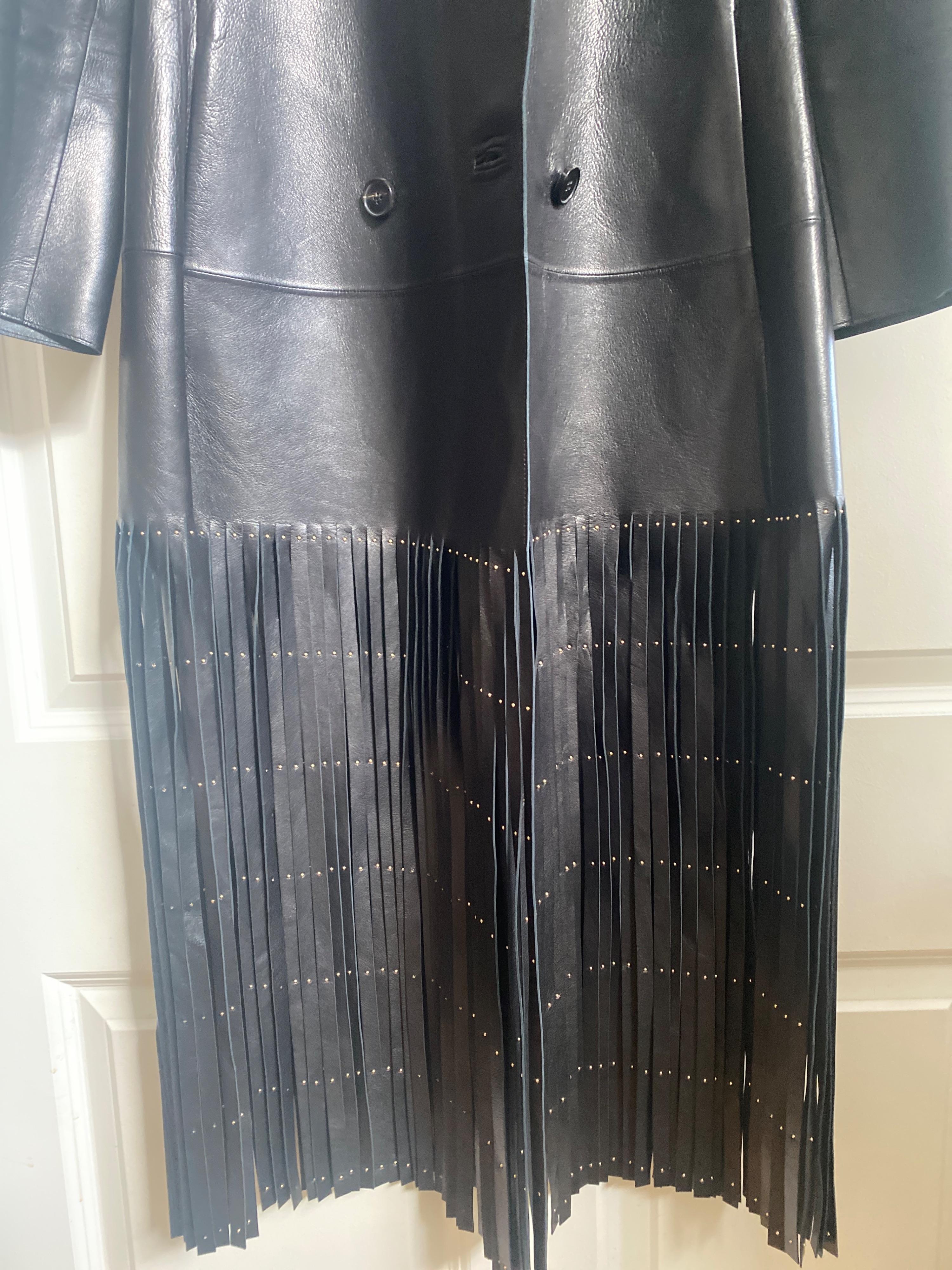 Valentino Black Leather Trench Coat with Fringe Detail