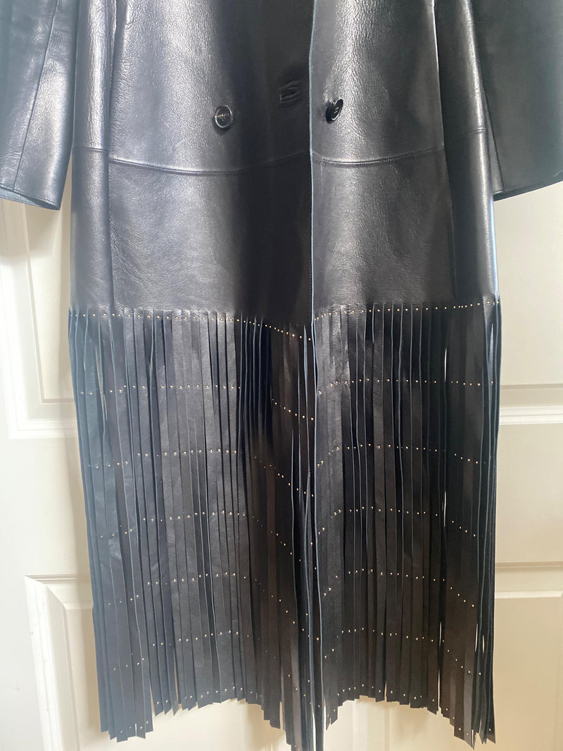 Valentino Black Leather Trench Coat with Fringe Detail