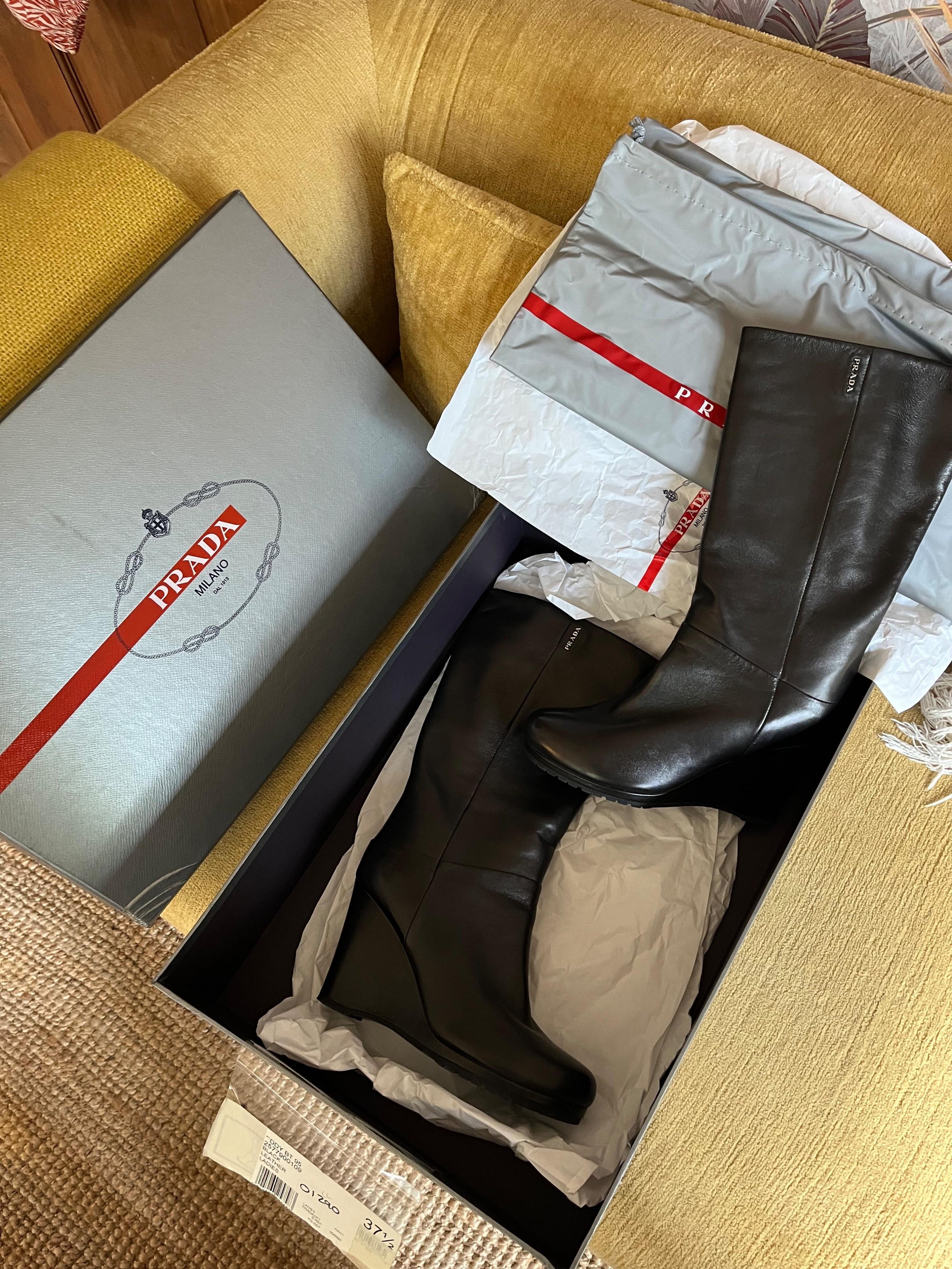 Prada Black Leather Eddy Wedge Boots