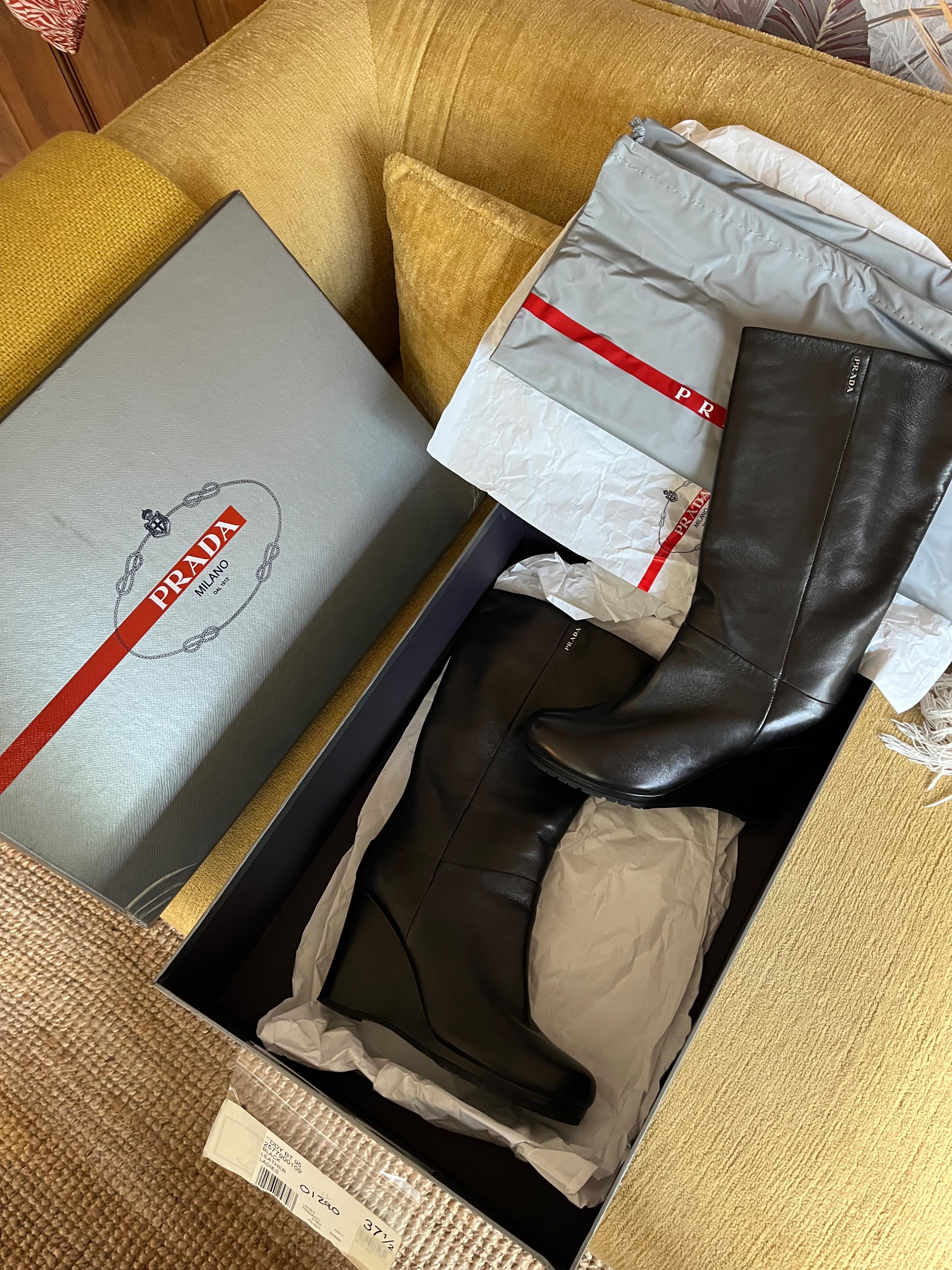 Prada Black Leather Eddy Wedge Boots