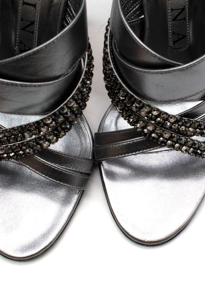 Crystal Embellished Silver Mules