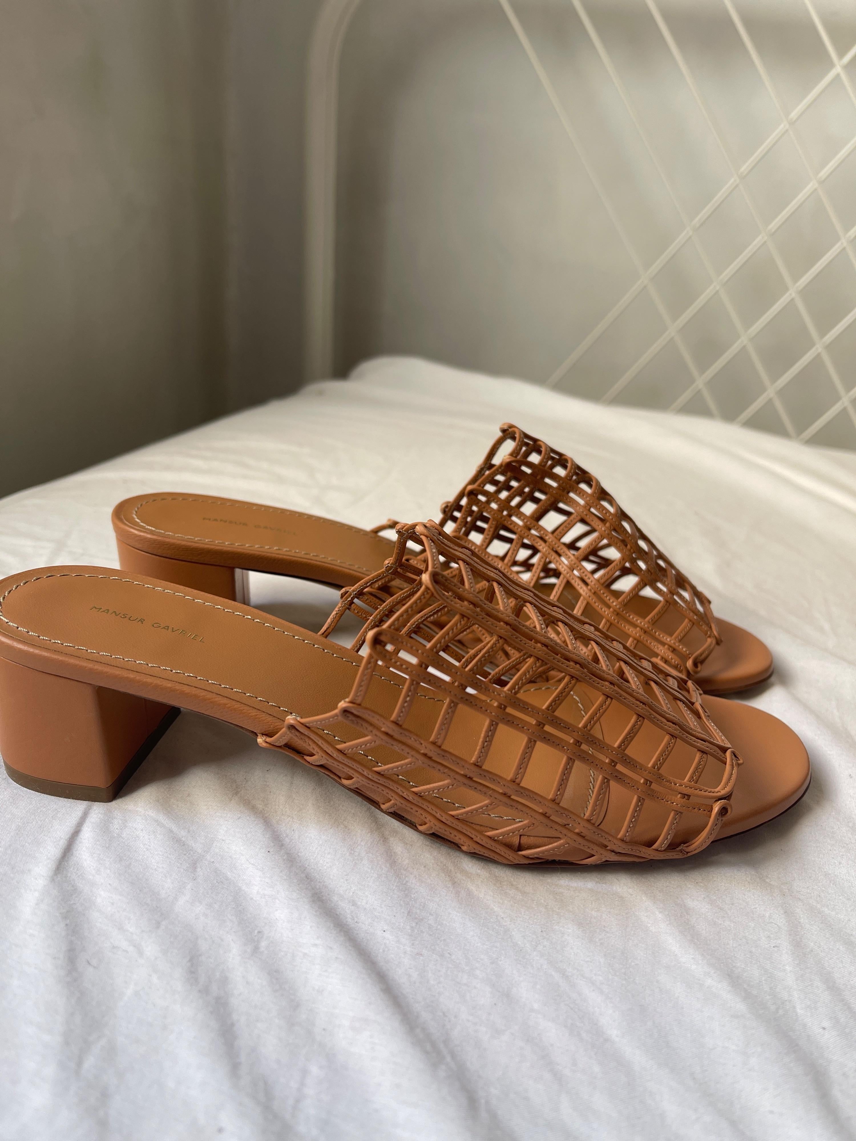 Tan woven leather block heeled mules
