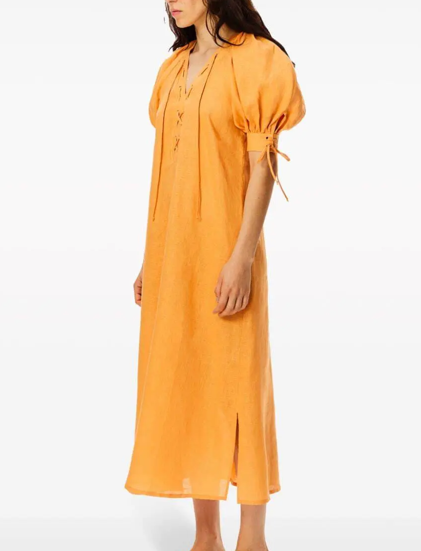 Sleeper Garden Linen Puff-Sleeve Dress