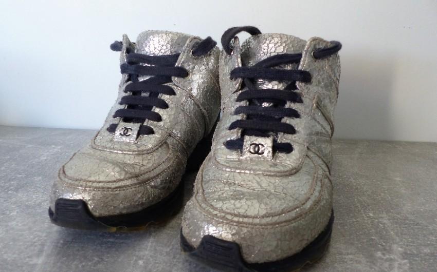 Chanel Metallic Crackled Silver Leather Sneakers