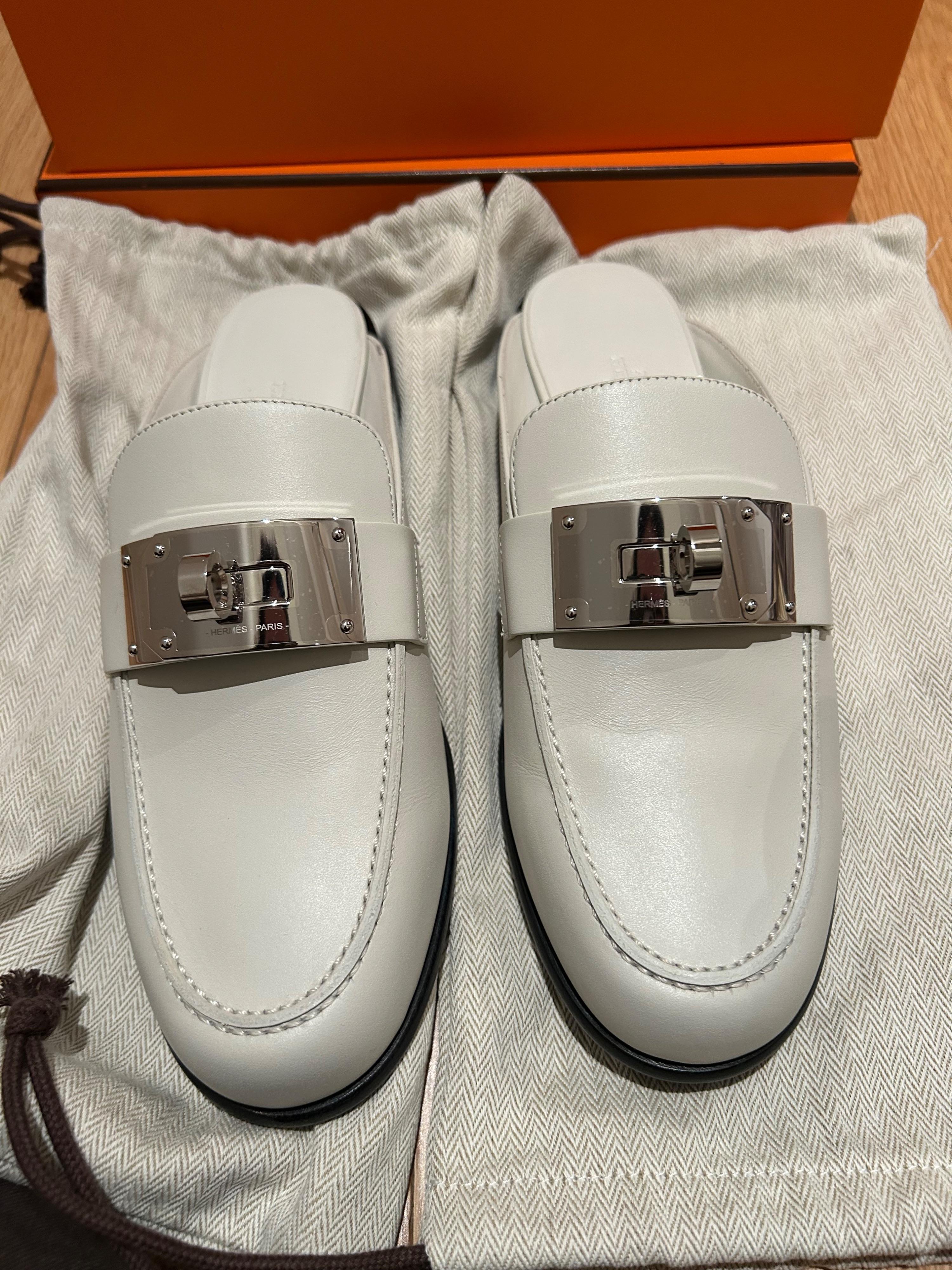 Hermes White Kelly Buckle Mules
