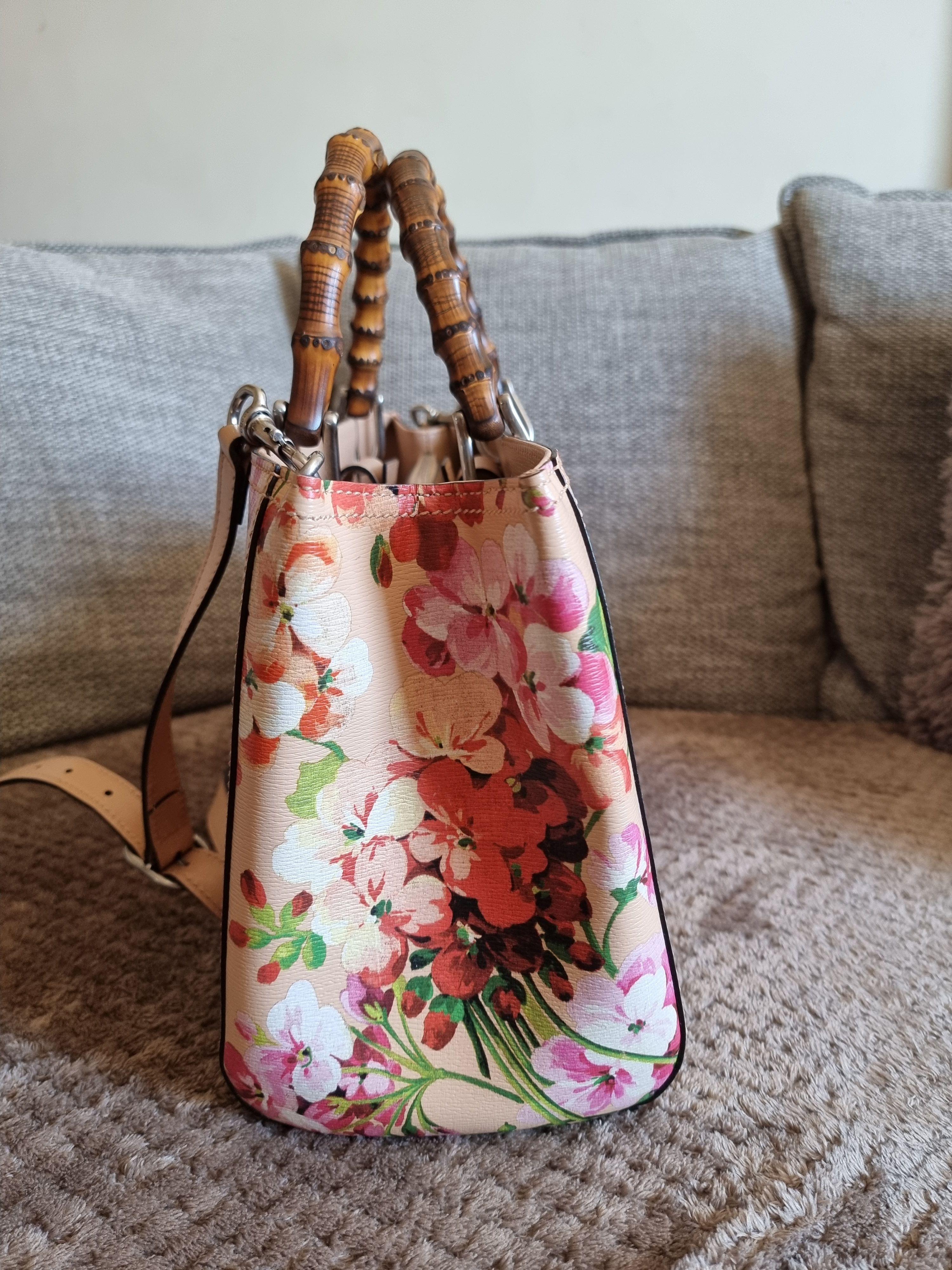 Pink Blooms printed leather Bamboo Shopper bag