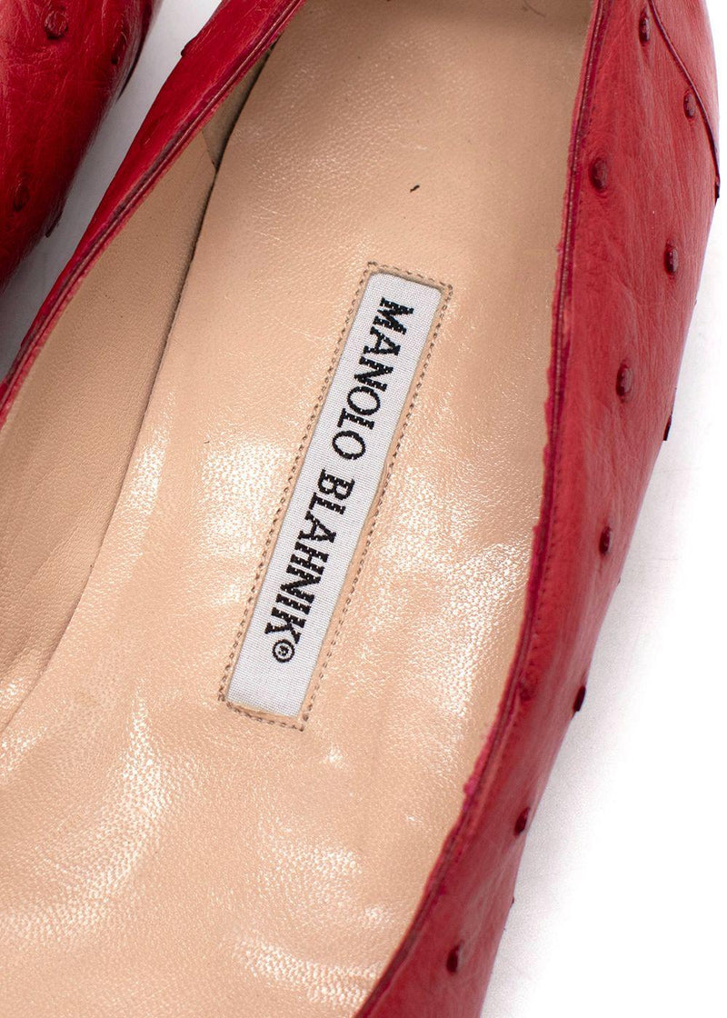 Manolo Blahnik Red Ostrich Ballet Flats