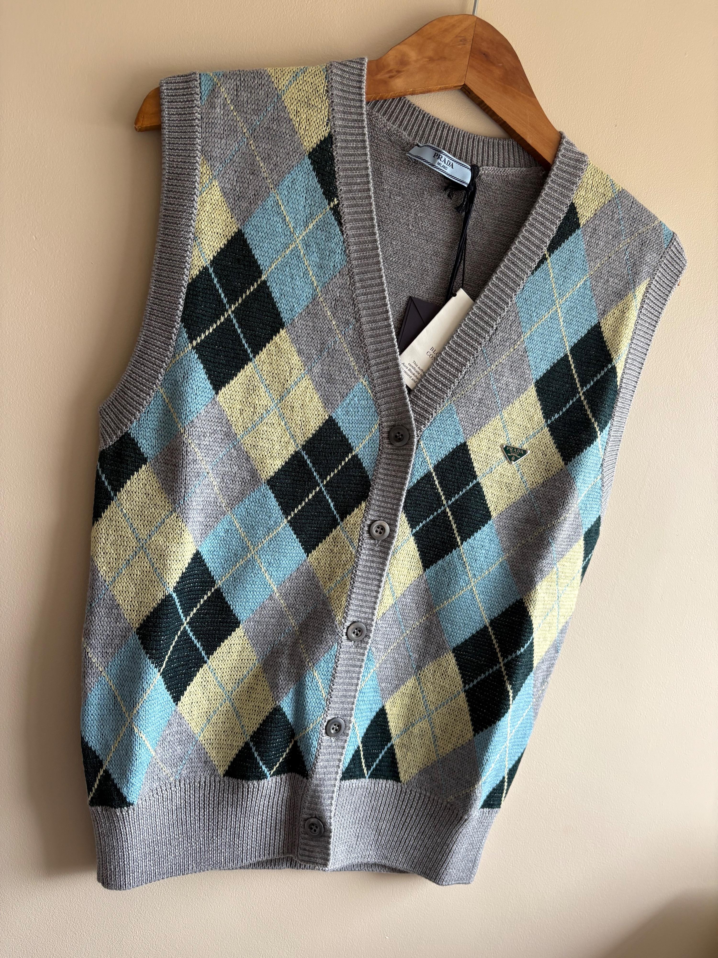 Prada Argyle Fine Knit Button Front Vest