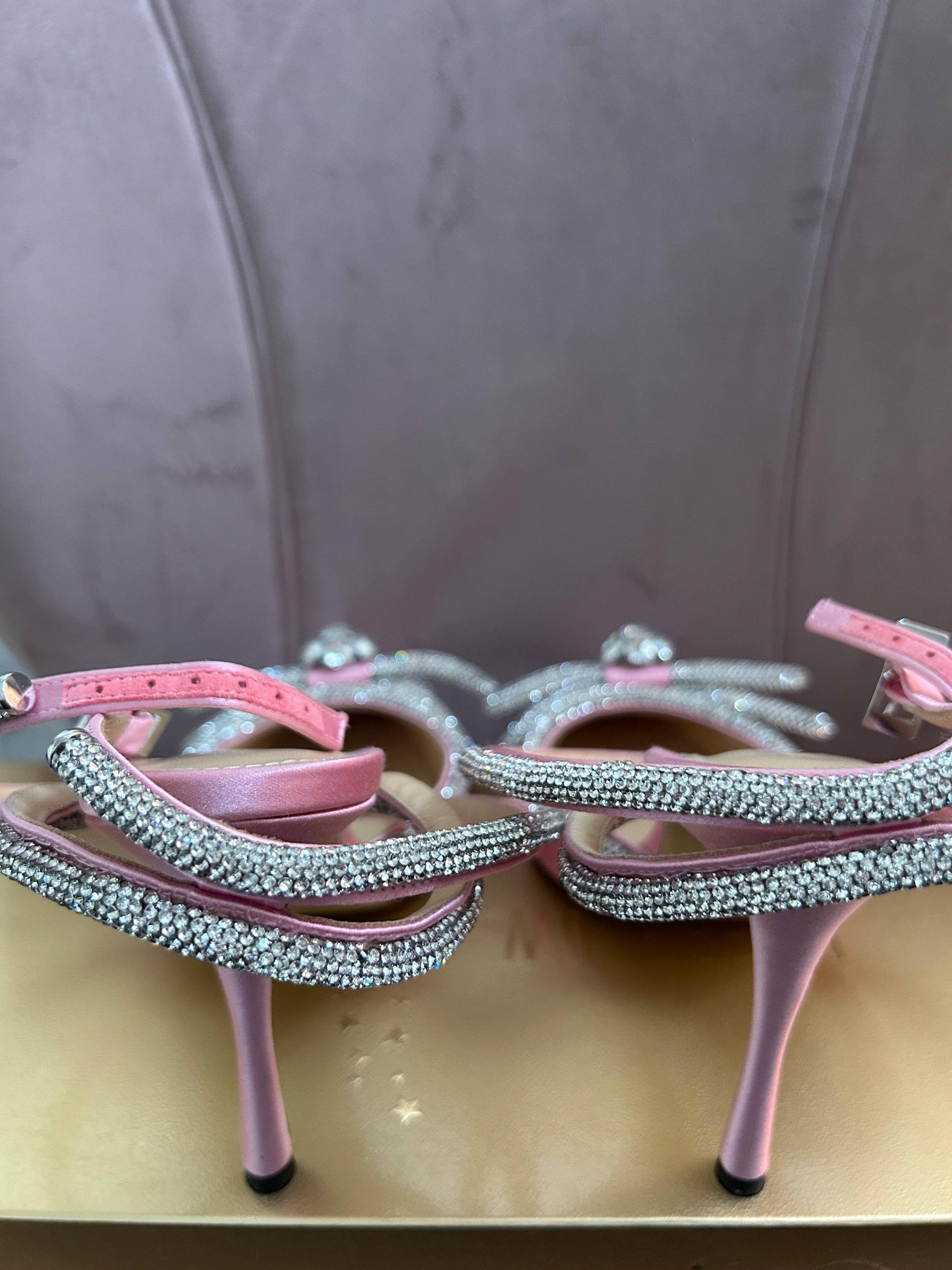 Double Bow Crystal Embellished Pink Satin Pumps
