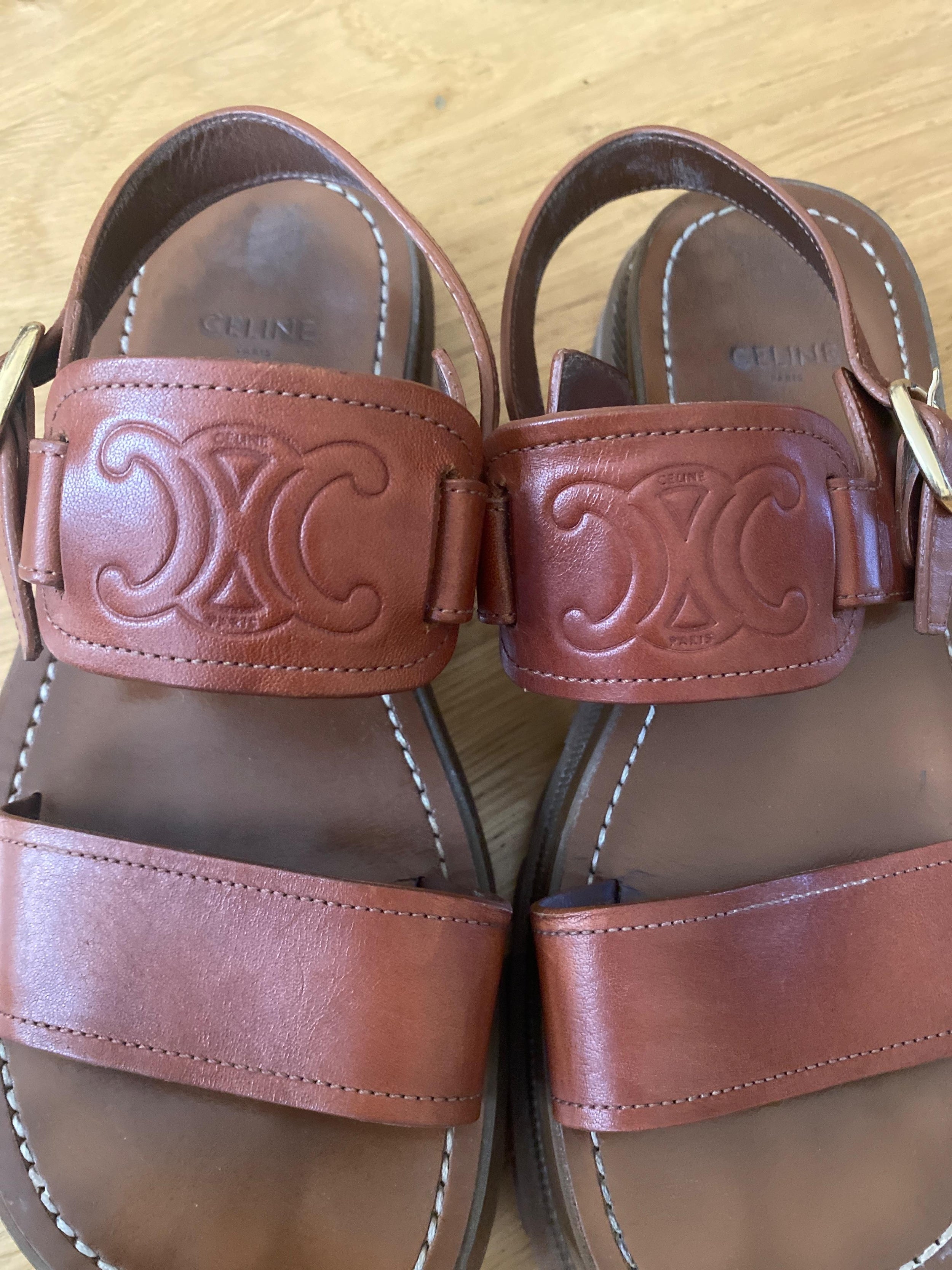 Sold Out Tan Leather Celine Logo Sandals