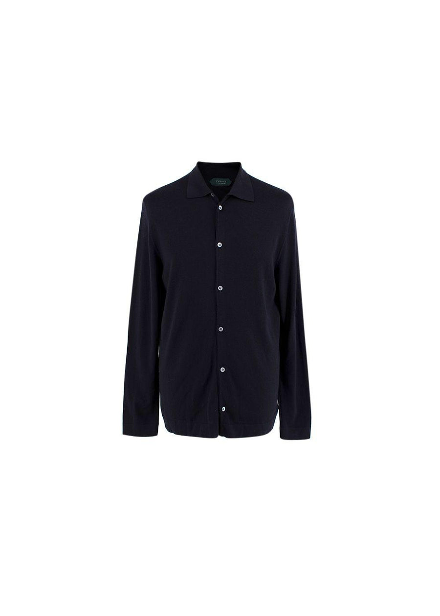 navy wool long sleeved cardigan