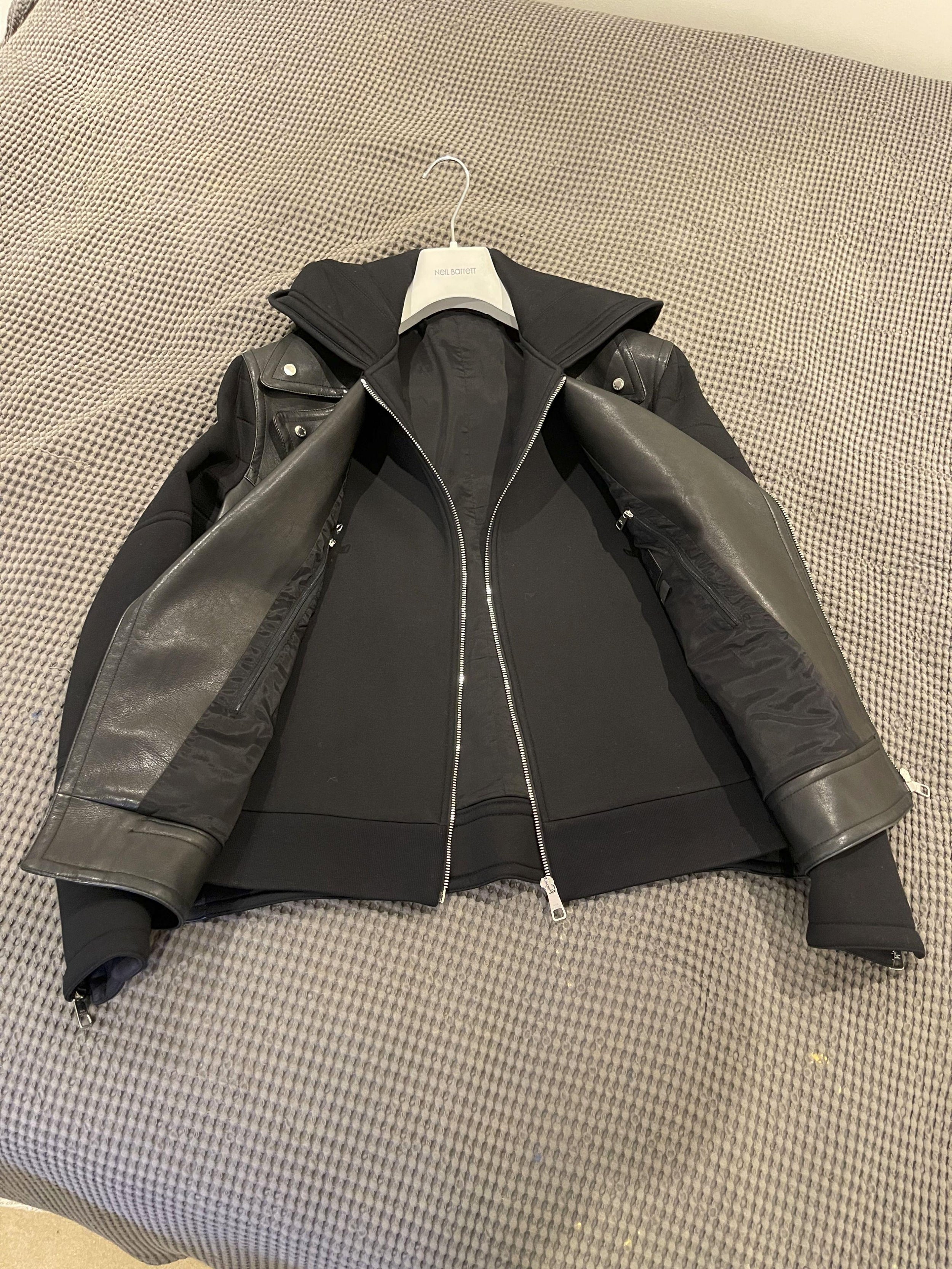 leather & neoprene hooded biker jacket