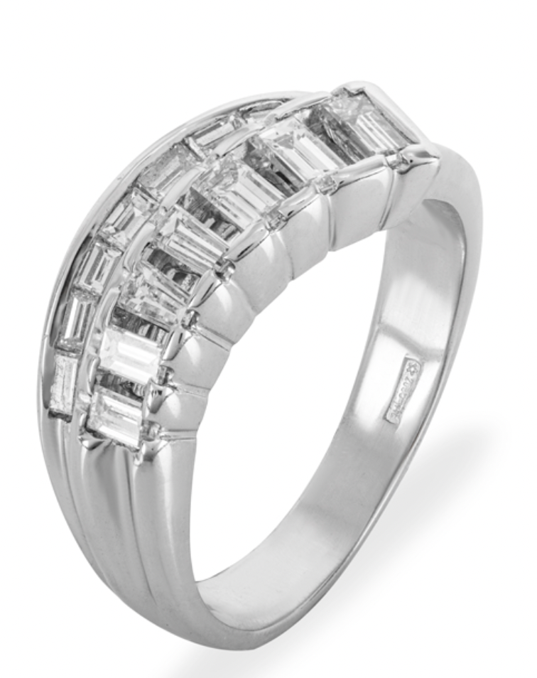 Baguette Cut Double Row 18kt White Gold Ring - Size M½