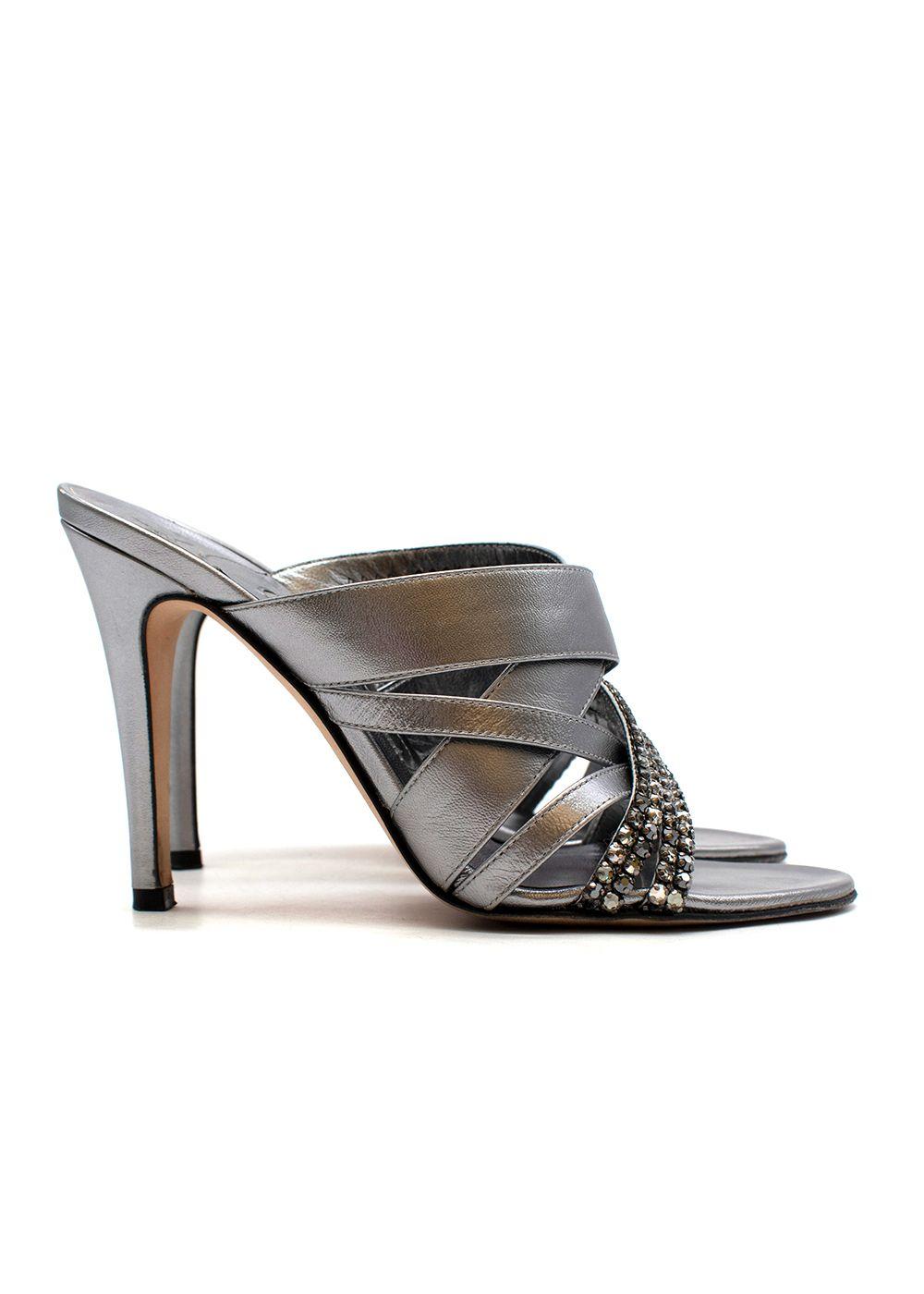 Crystal Embellished Silver Mules