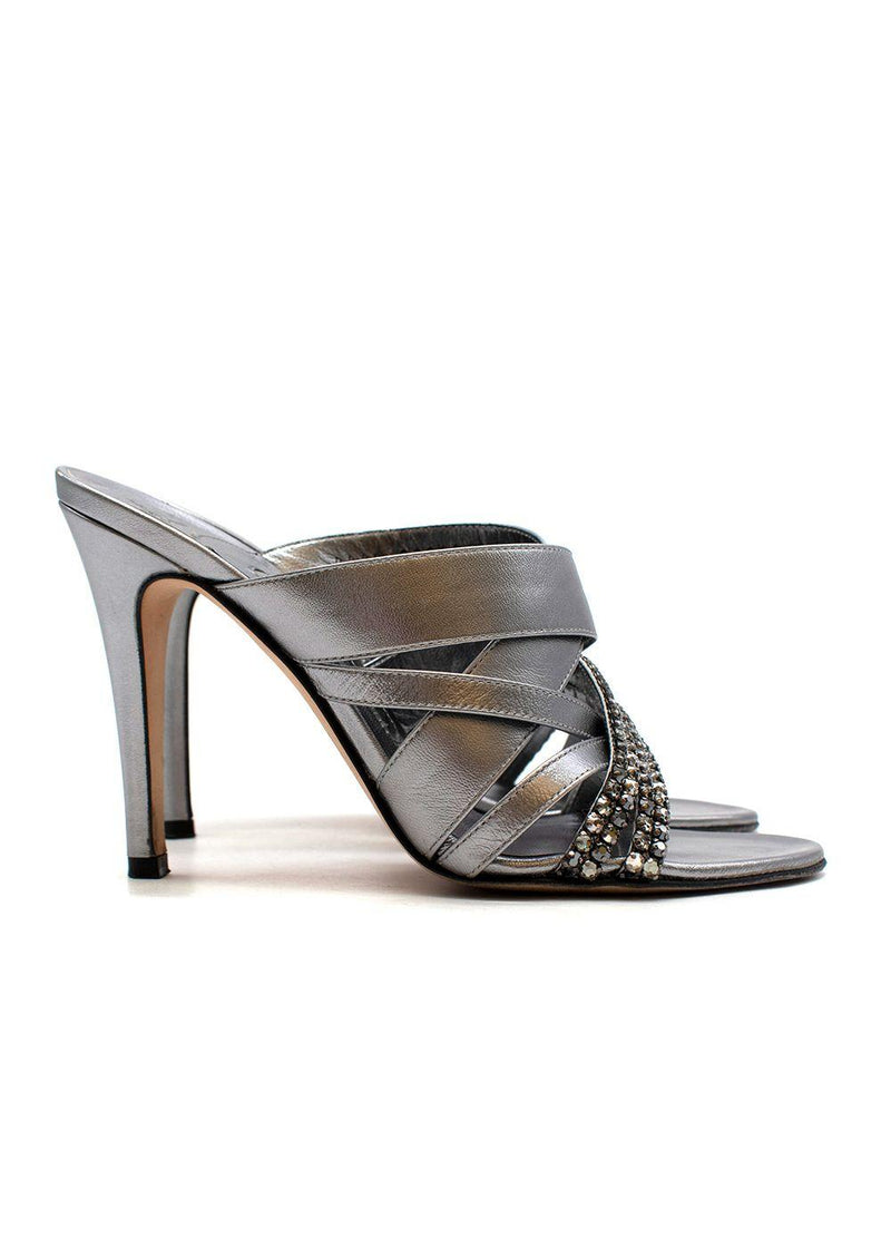 Crystal Embellished Silver Mules