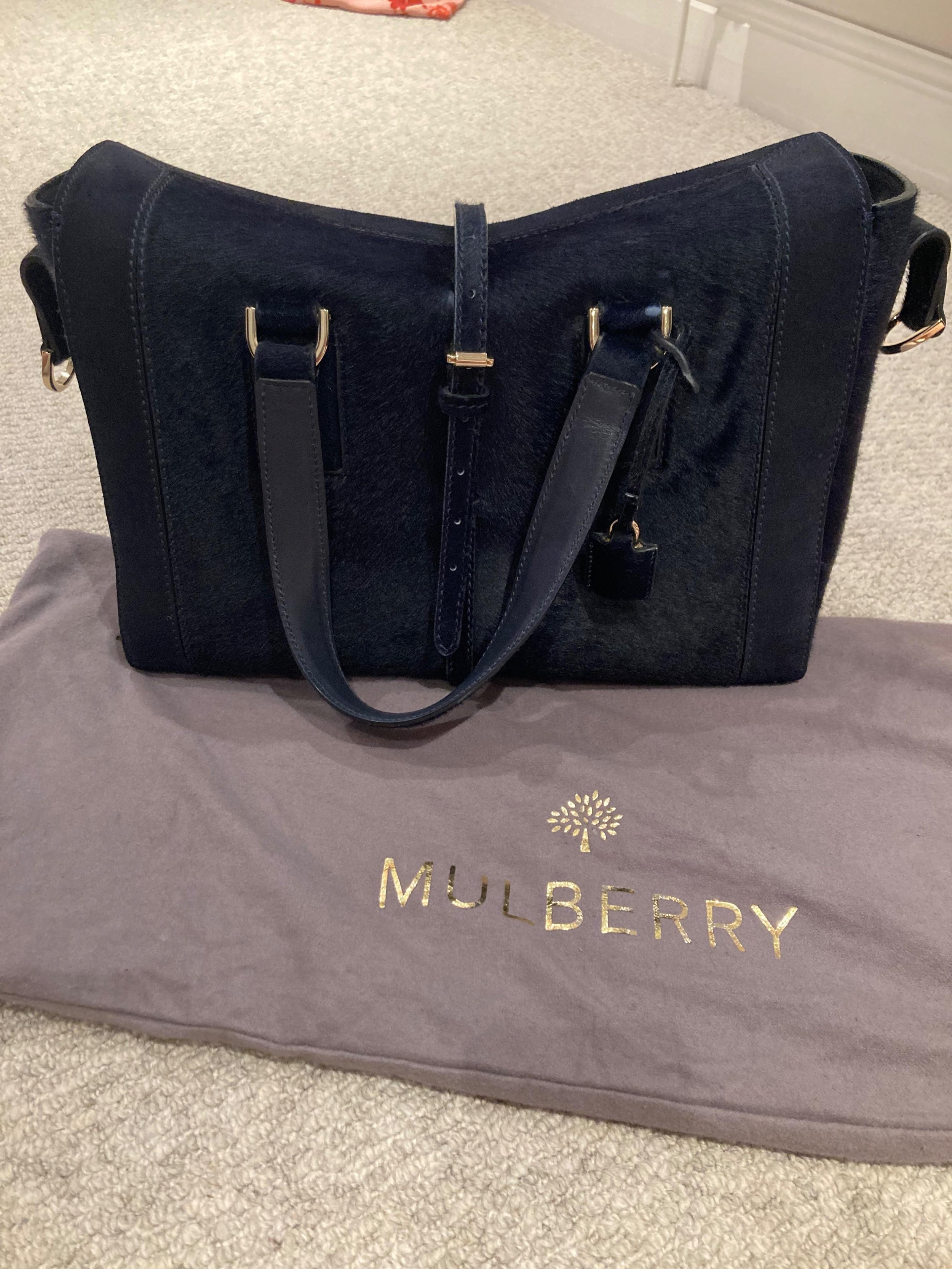 Navy calf hair tote bag