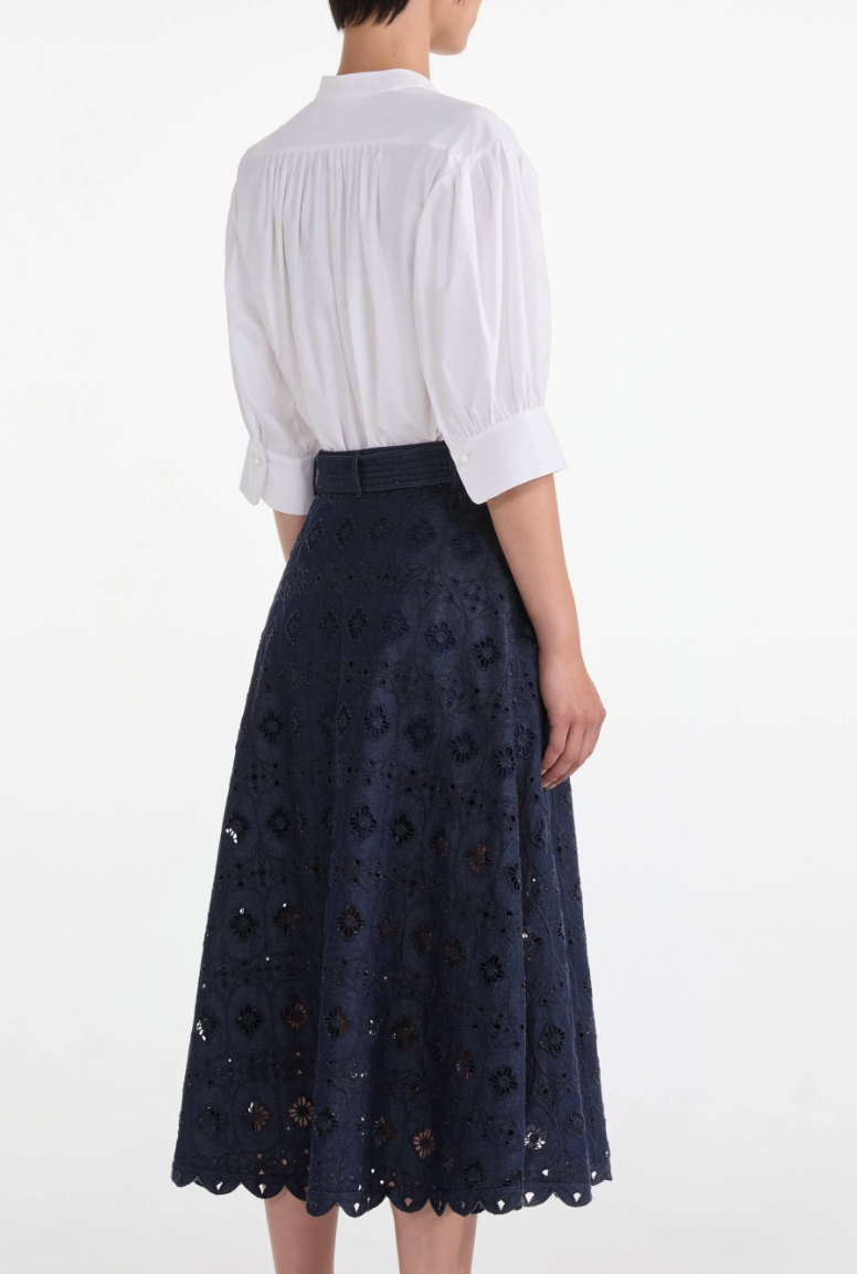 Saloni Denim Embroidered Kali Midi Skirt