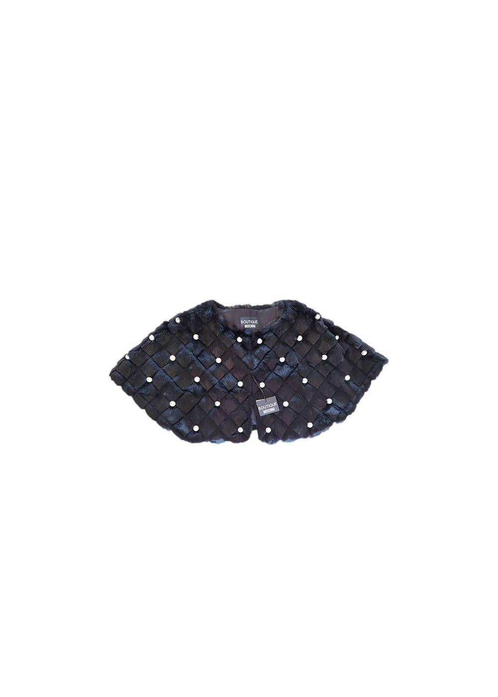 Faux Pearl Studded Black Rabbit Fur Cape