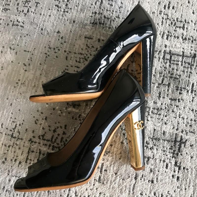 Black Contrast Heel Open Toe Pumps