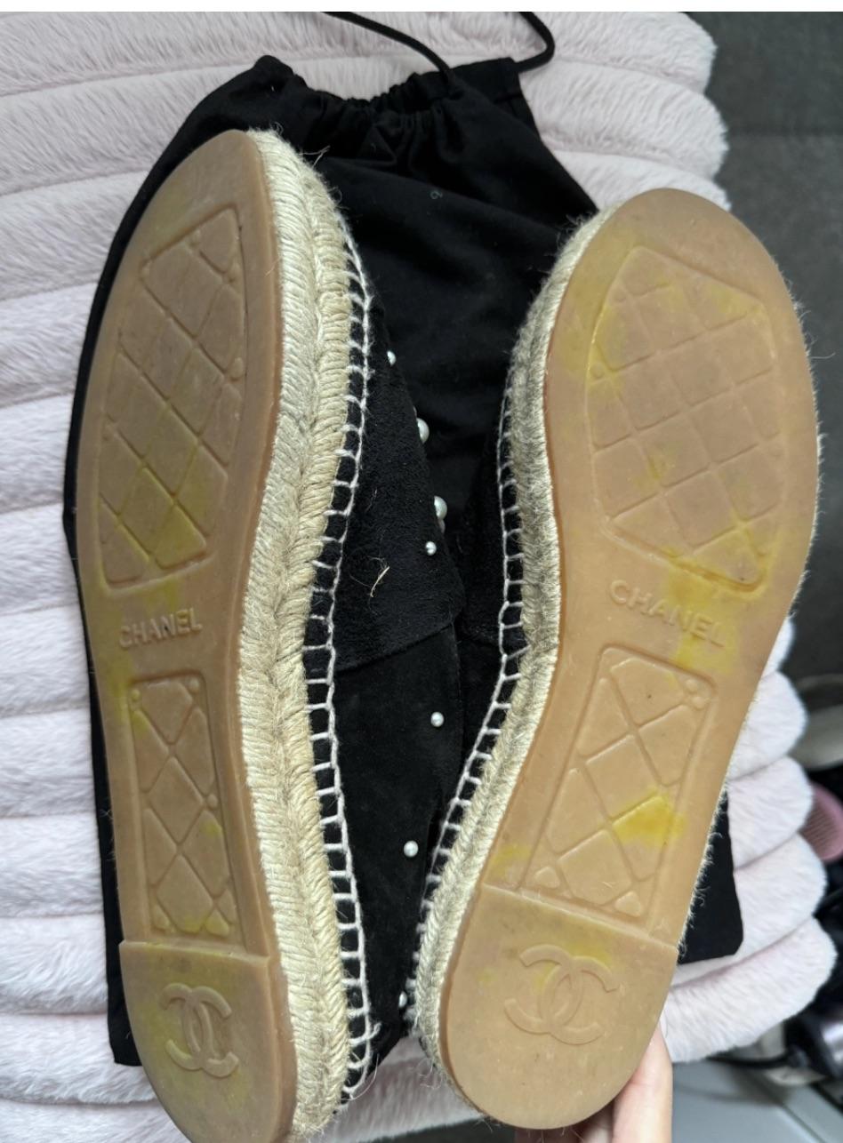 Chanel Black Suede Pearl Embellished Espadrilles