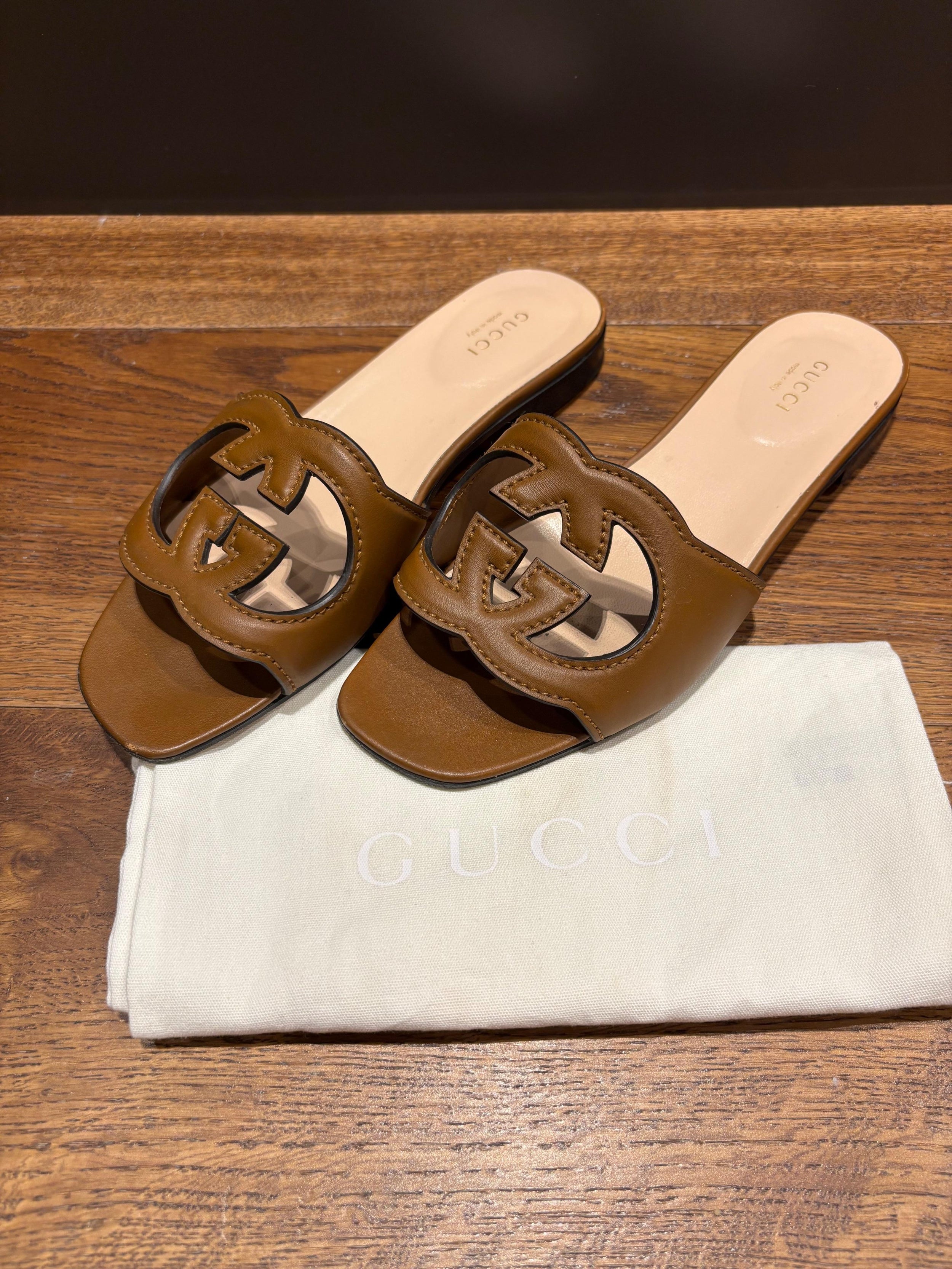 Gucci Tan Leather Flat Sandals