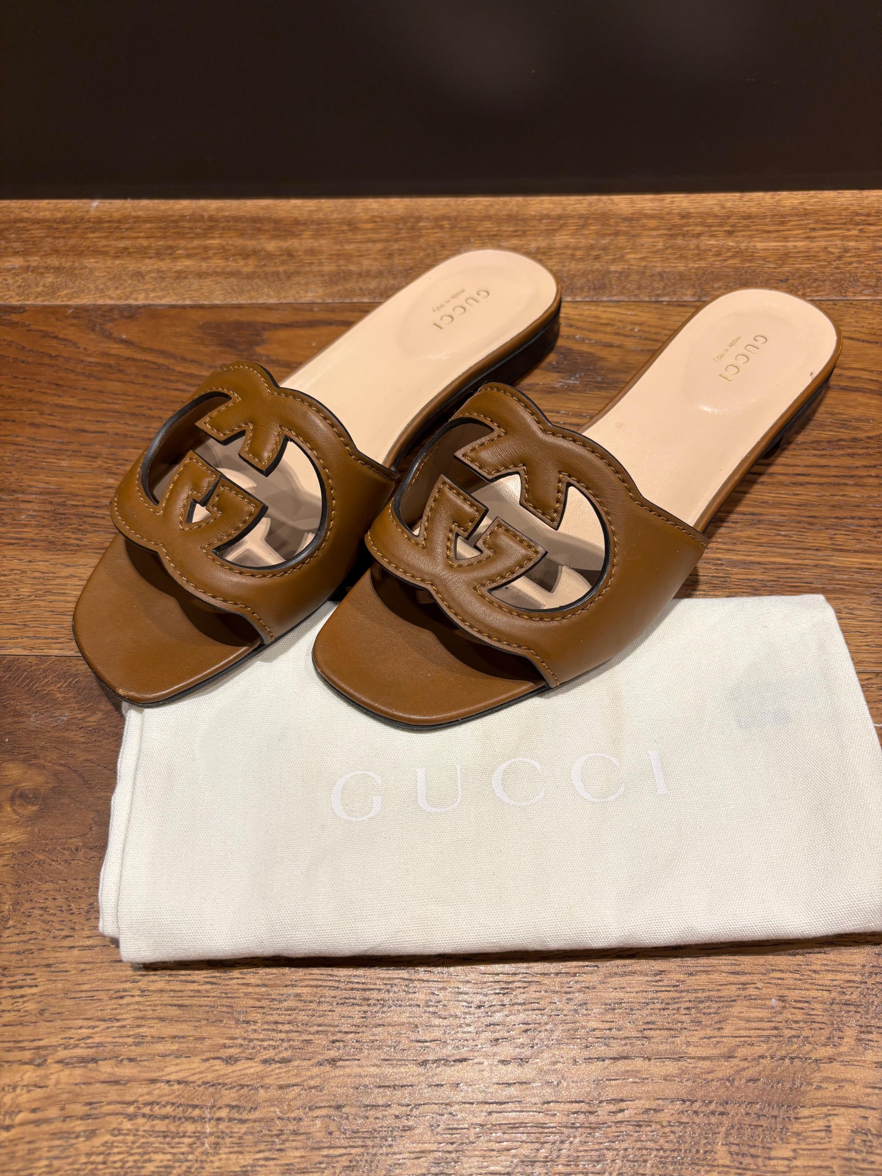 Gucci Tan Leather Flat Sandals