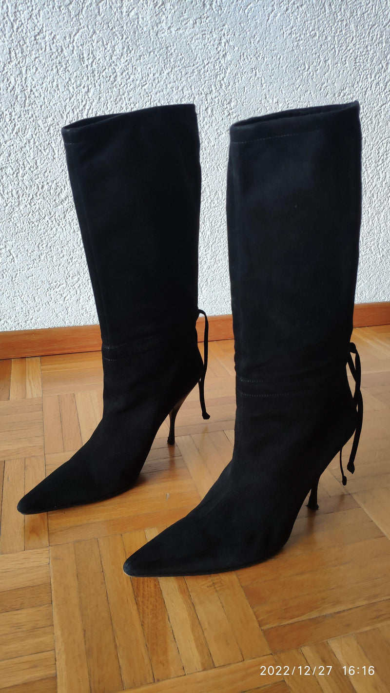 Black Suede Ankle Tie Tall Boots