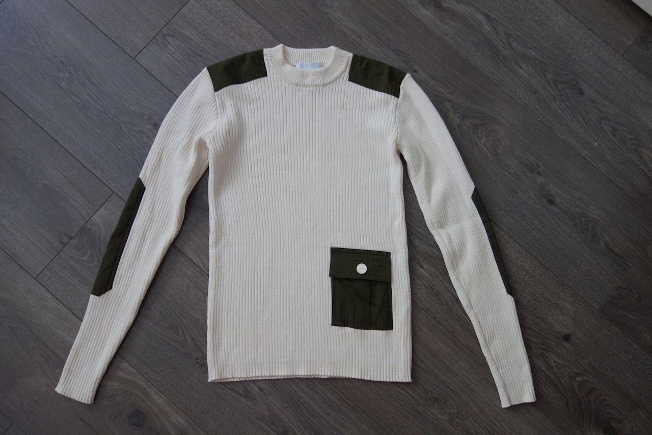 beige ribbed knit patch pocket jumper