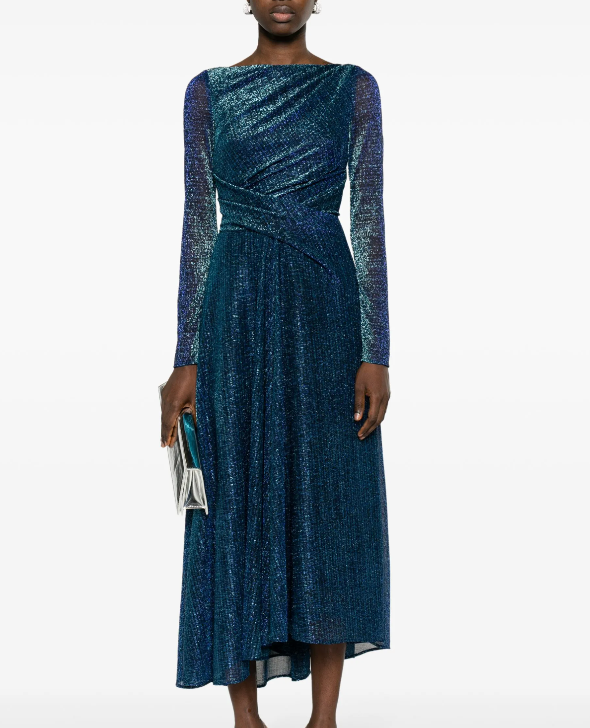Talbot Runhof Metallic-Thread Draped Midi Dress