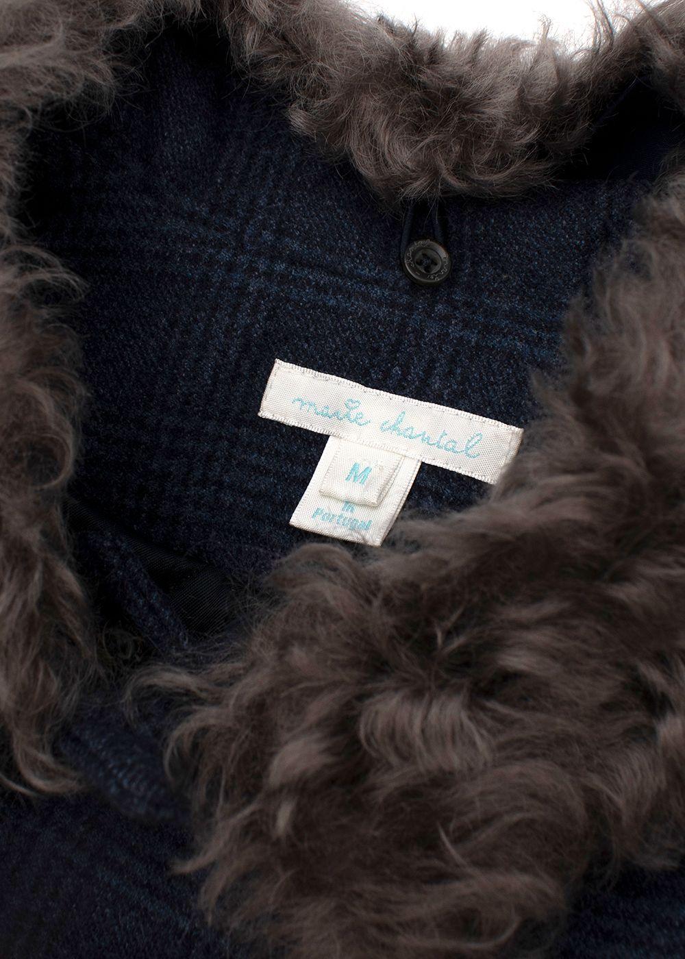 Double-Breasted Blue Checked Cape With Fur Collar