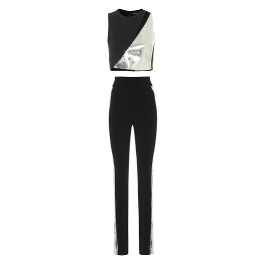 David Koma Silver Sequin Panelled Black Crepe Pants & Top