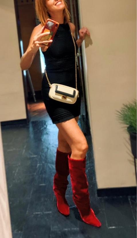 Red velvet long heeled boots