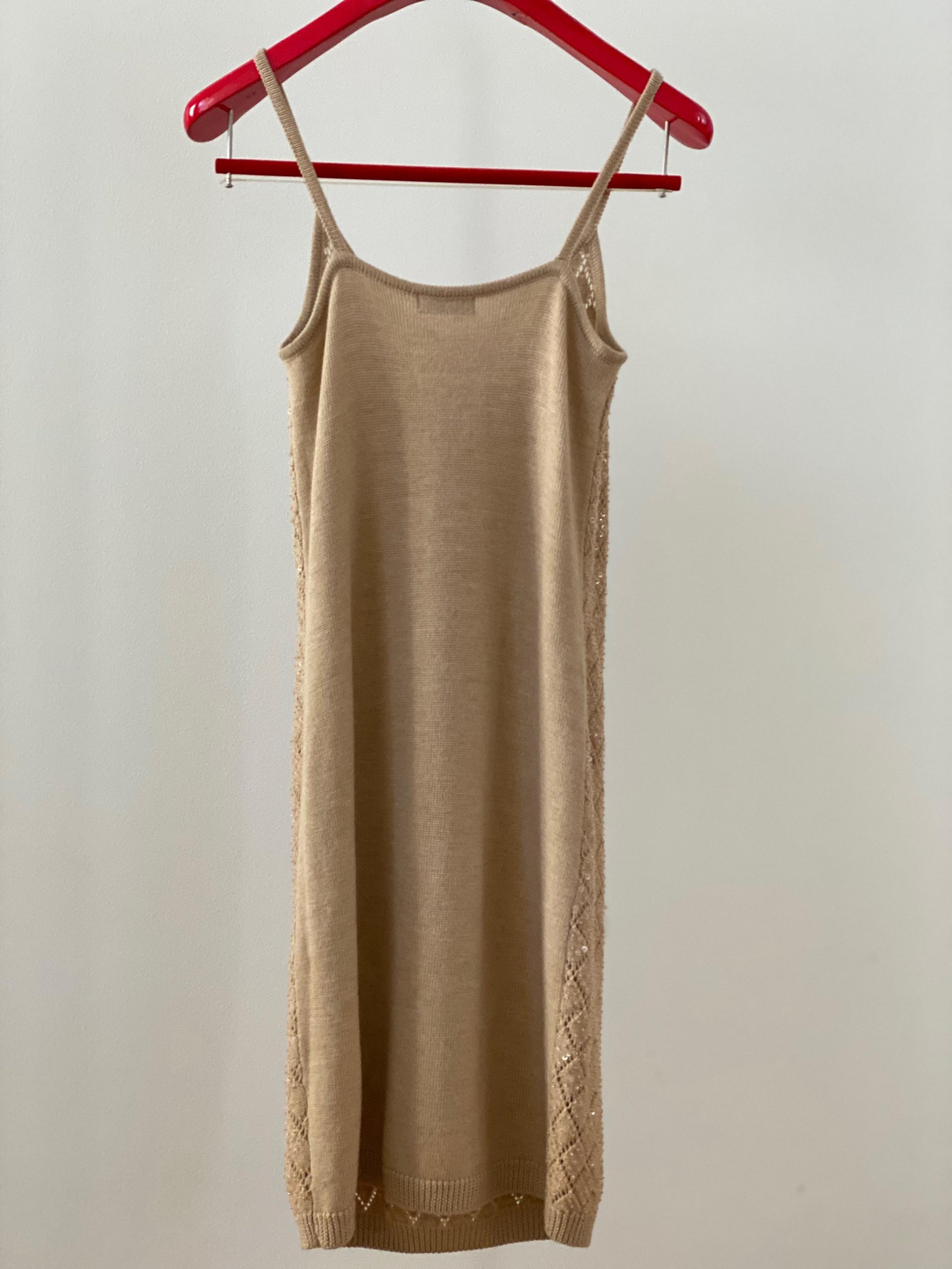 Beige sequinned pointelle knit cami dress