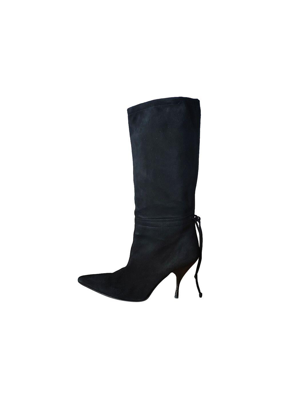 Black Suede Ankle Tie Tall Boots