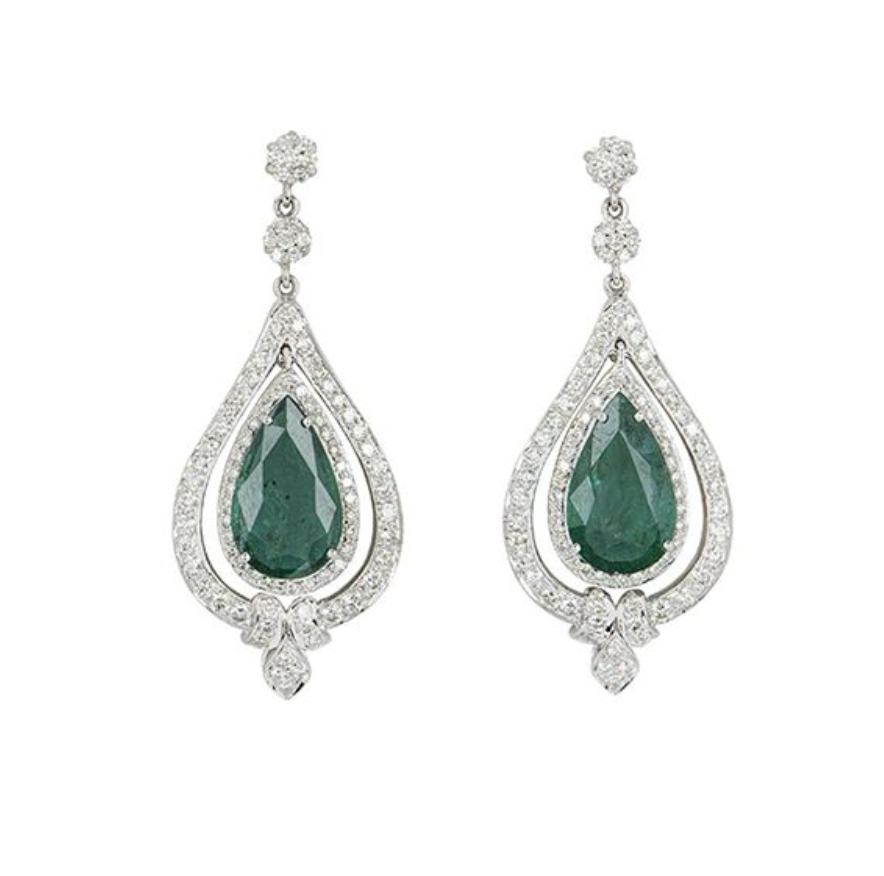 18ct white gold, white diamond & emerald drop earrings