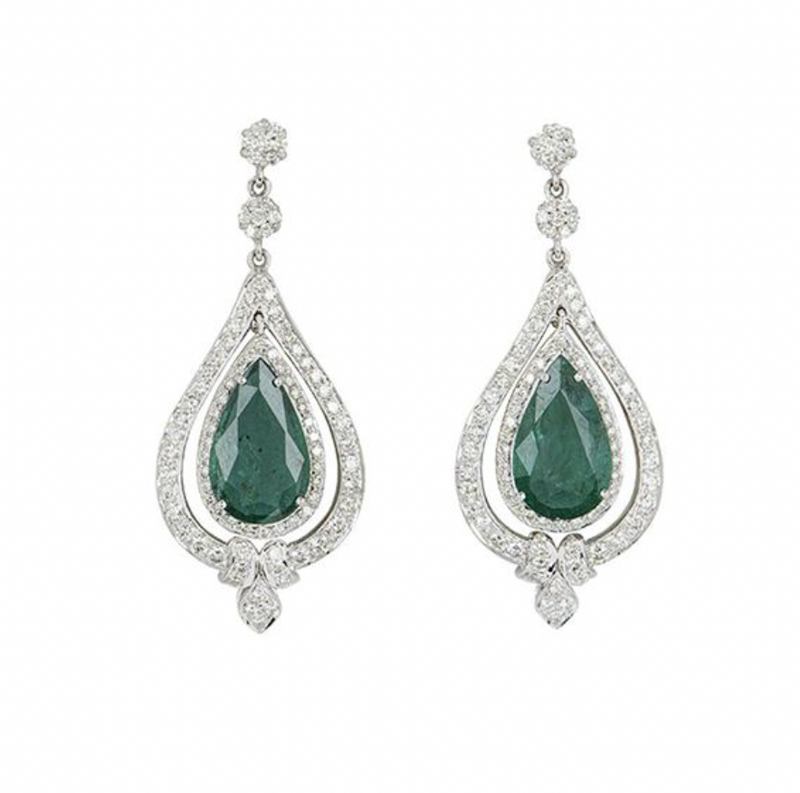 18ct white gold, white diamond & emerald drop earrings